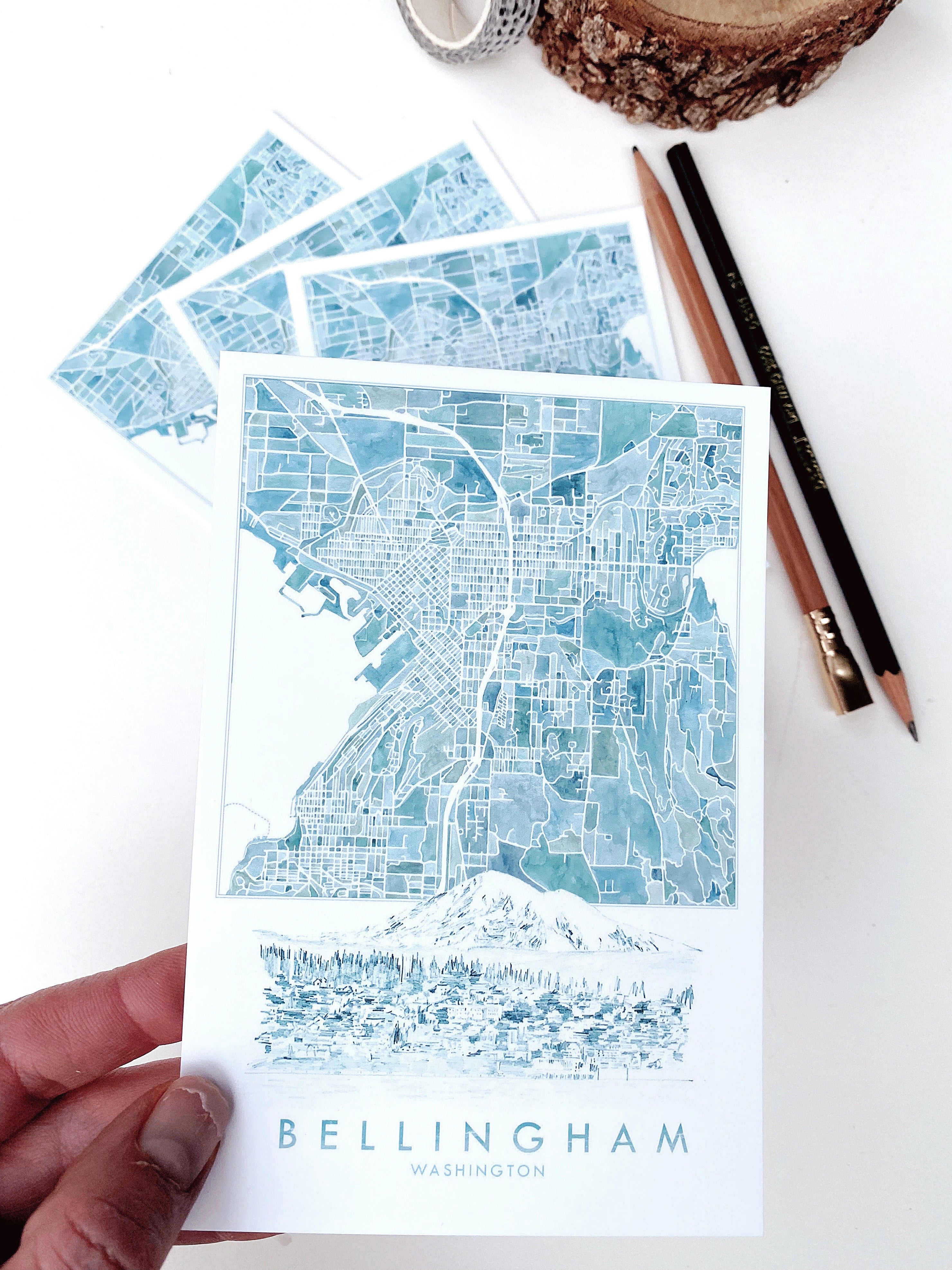BELLINGHAM, Washington Watercolor City Map Postcard