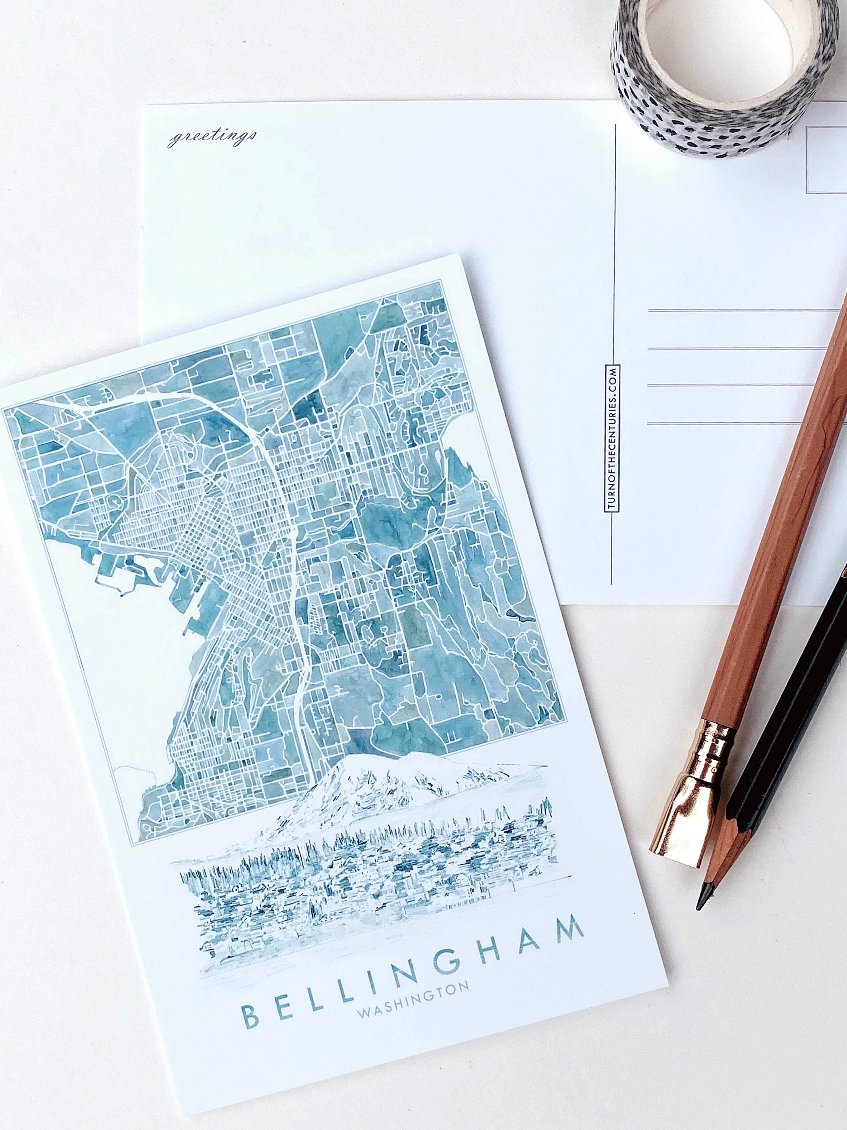 BELLINGHAM, Washington Watercolor City Map Postcard
