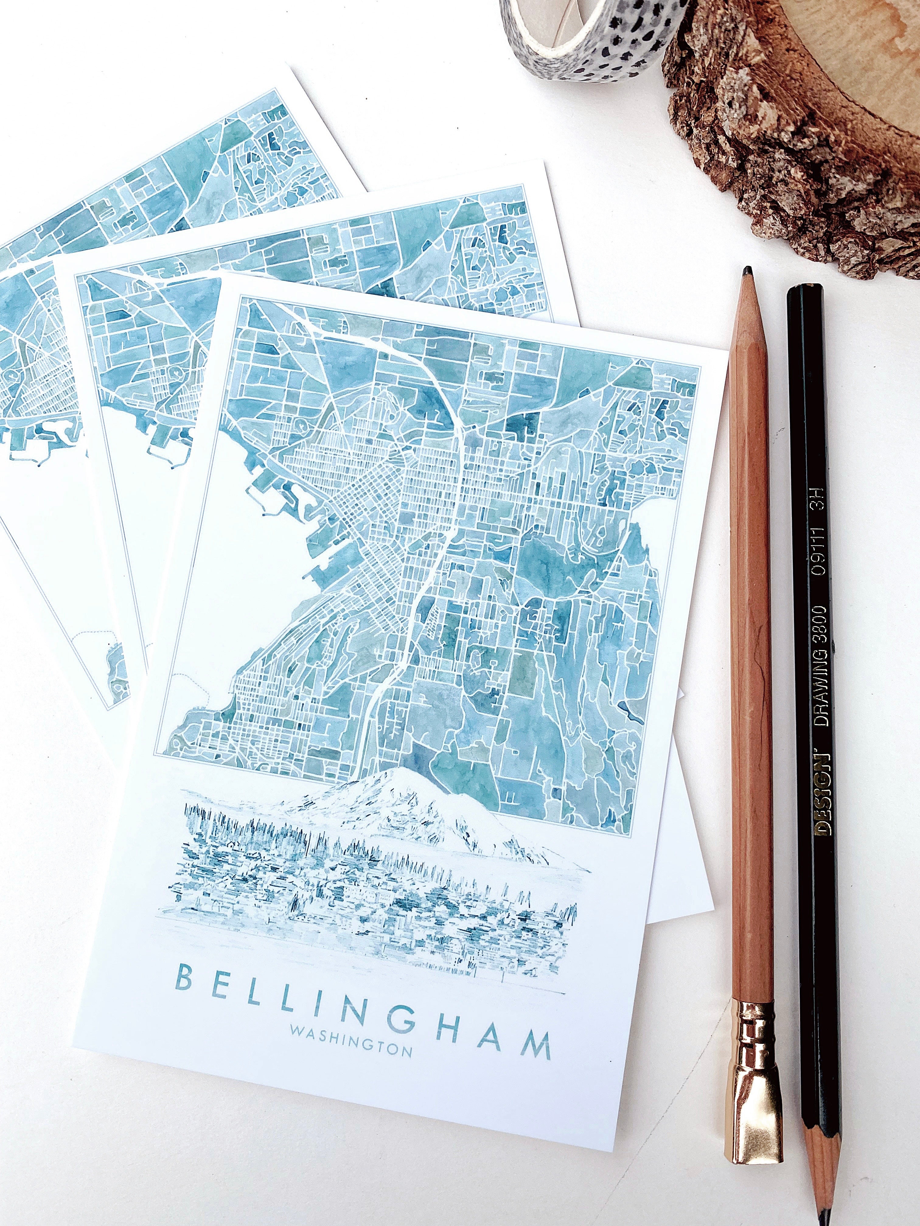 BELLINGHAM, Washington Watercolor City Map Postcard
