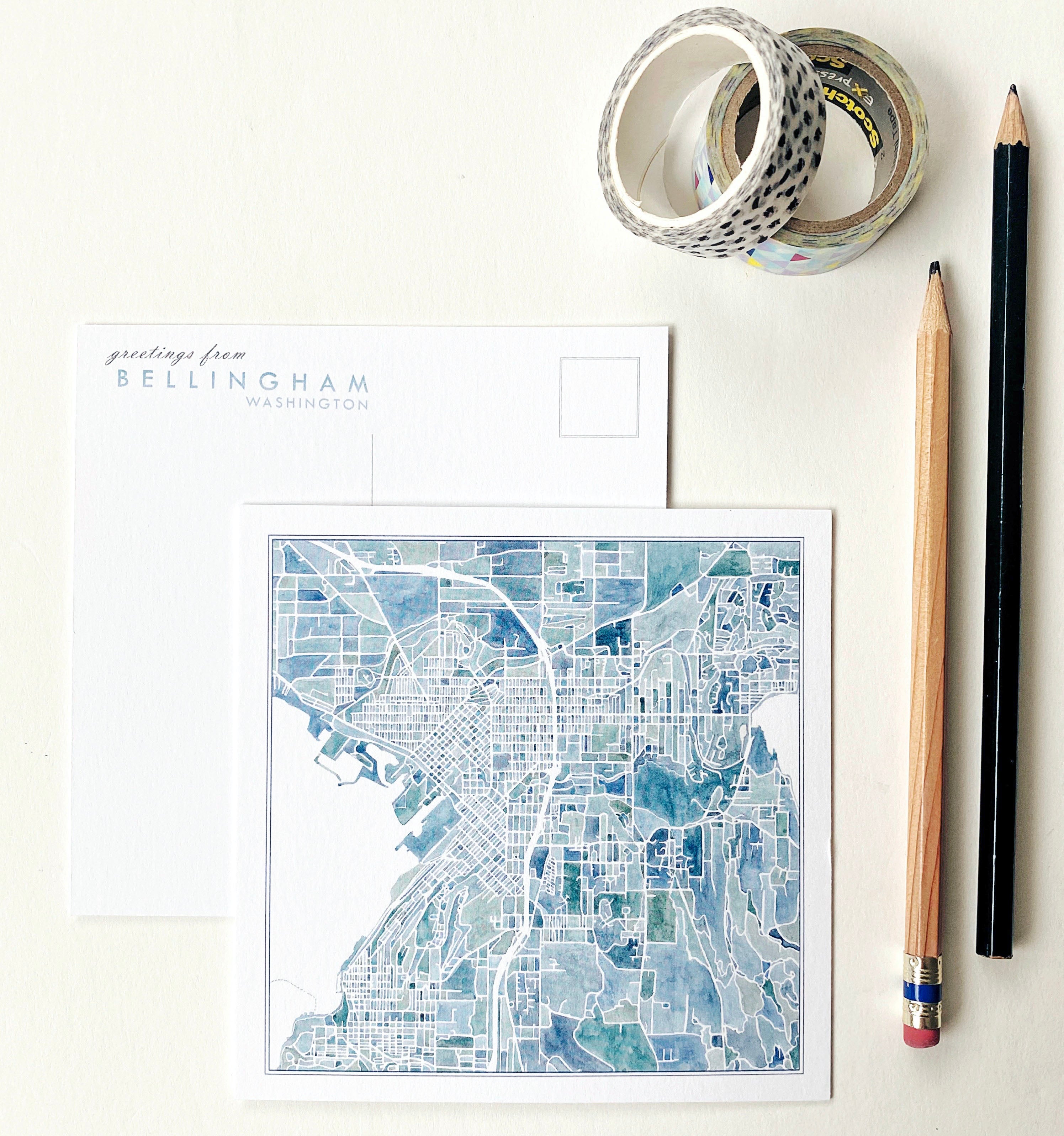 BELLINGHAM Washington Watercolor Map Postcard