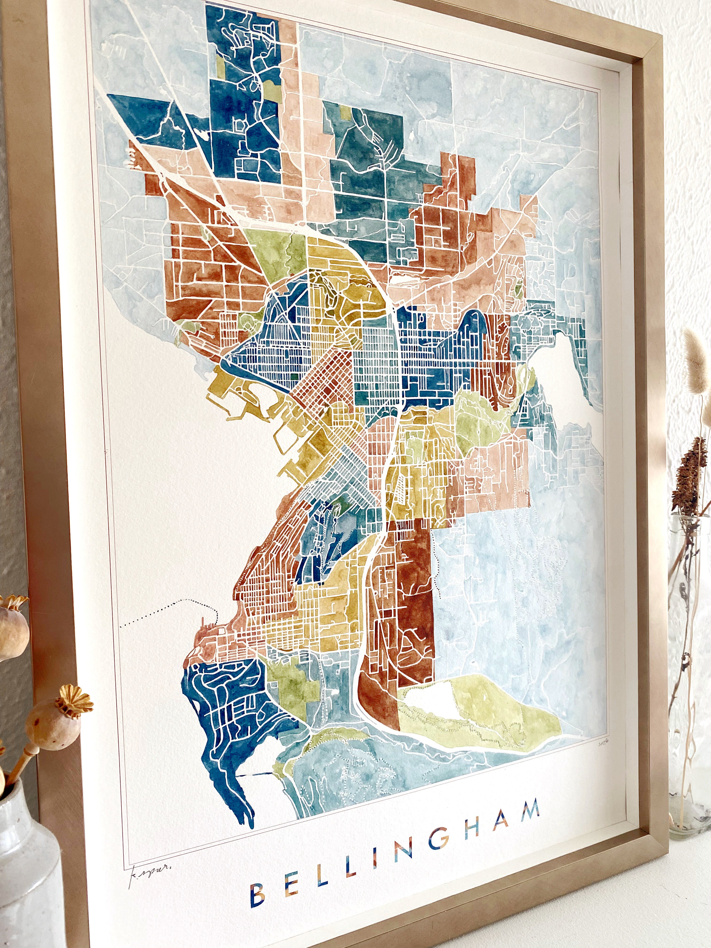 BELLINGHAM Neighborhoods Watercolor City Blocks Map: ORIGINAL PAINTING
