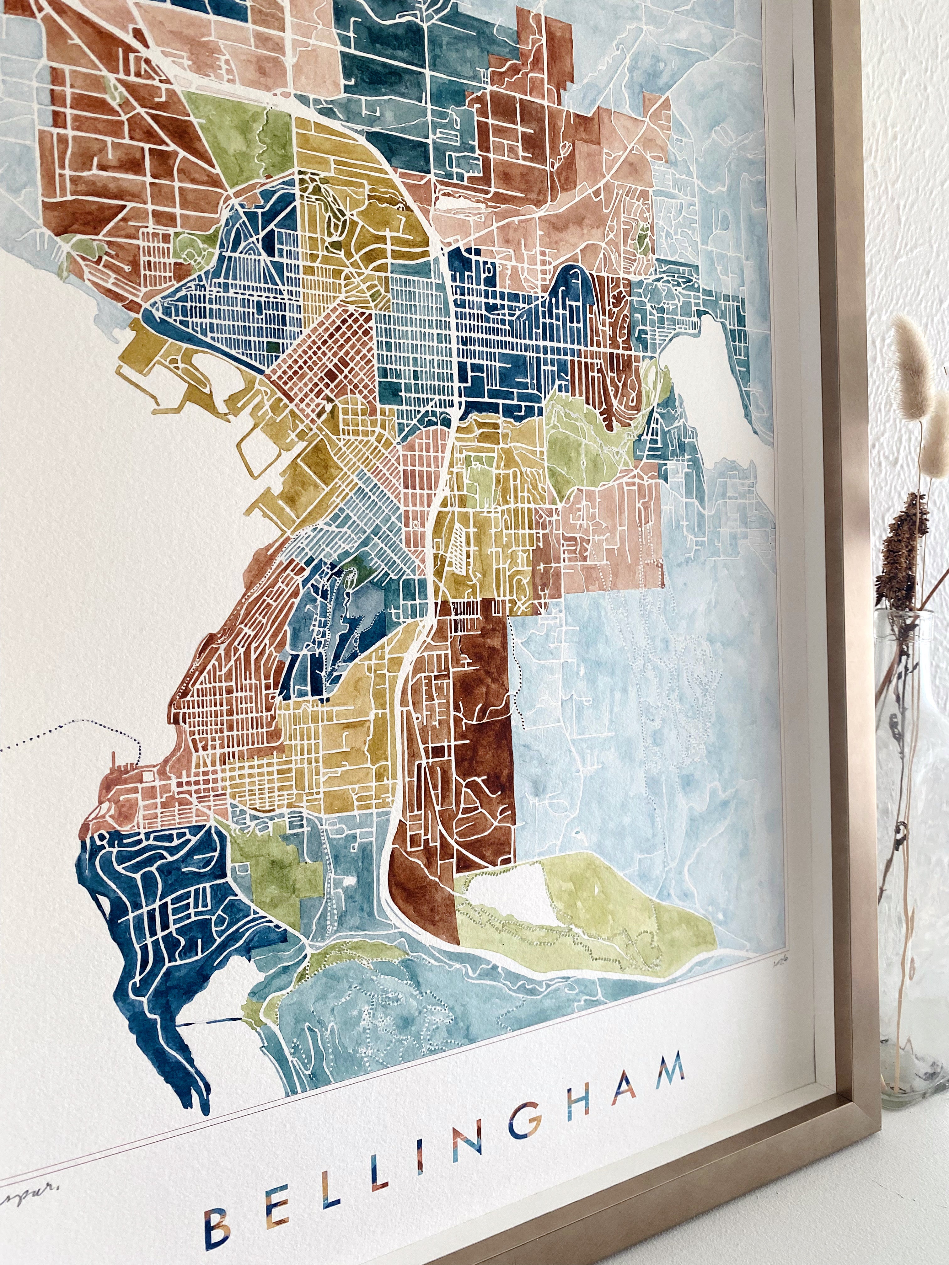 BELLINGHAM Neighborhoods Watercolor City Blocks Map: ORIGINAL PAINTING