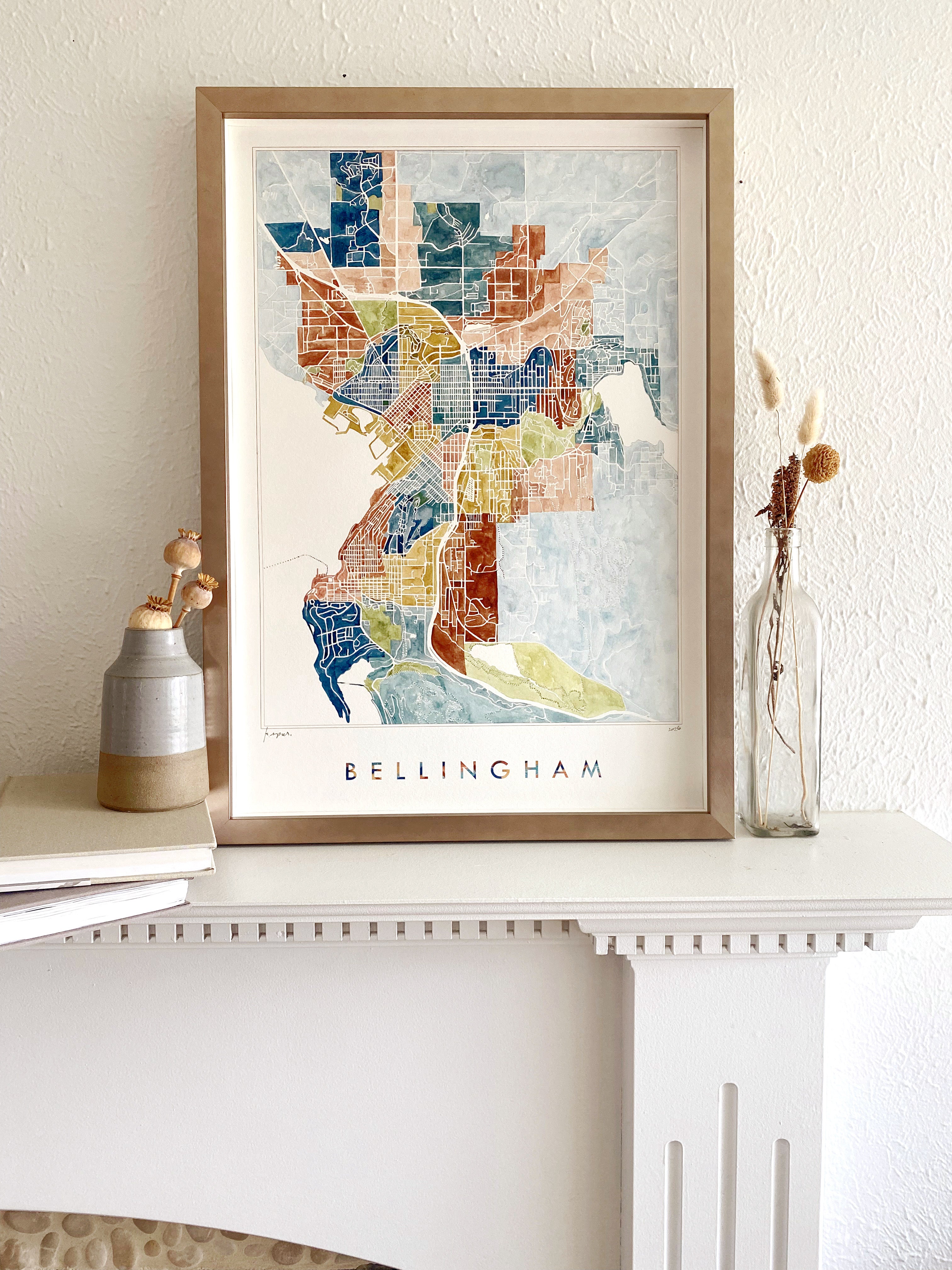 BELLINGHAM Neighborhoods Watercolor City Blocks Map: ORIGINAL PAINTING