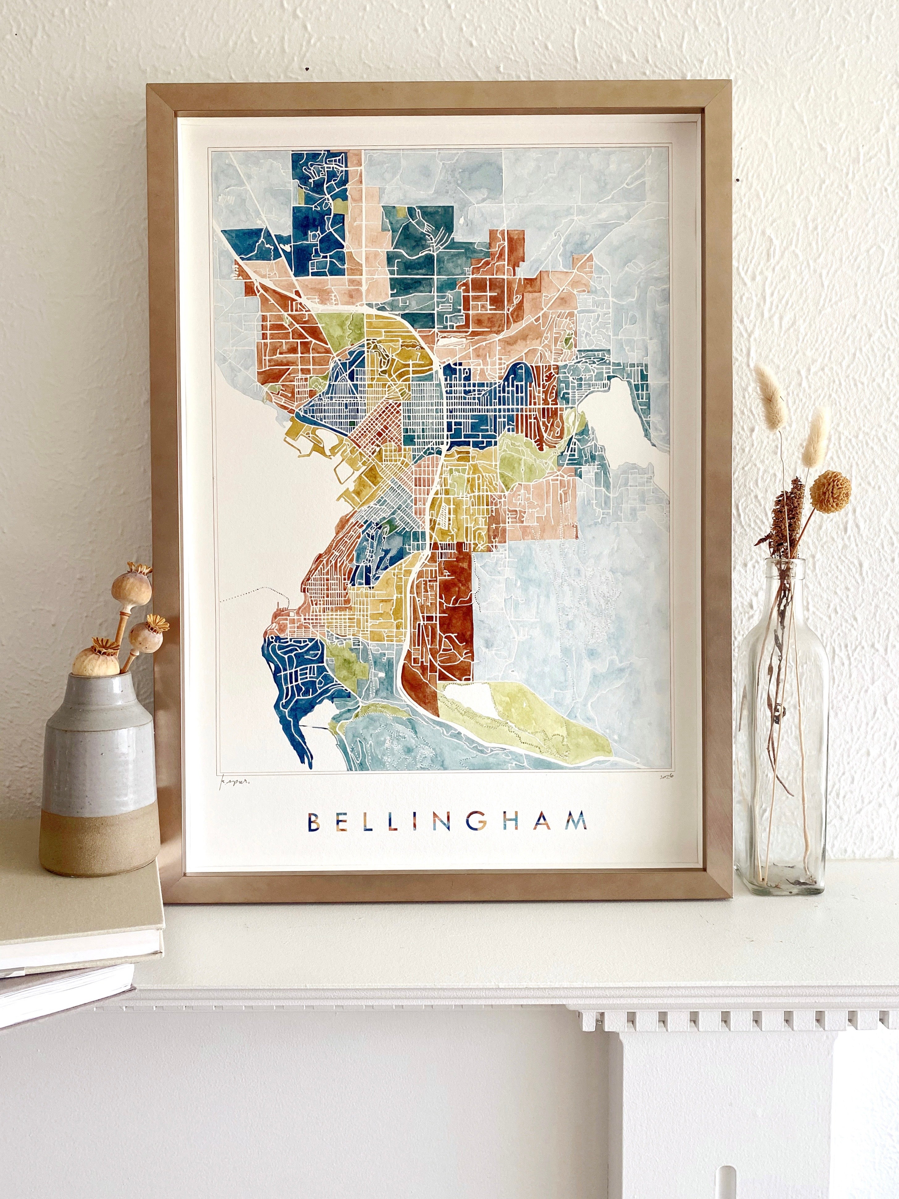 BELLINGHAM Neighborhoods Watercolor City Blocks Map: ORIGINAL PAINTING