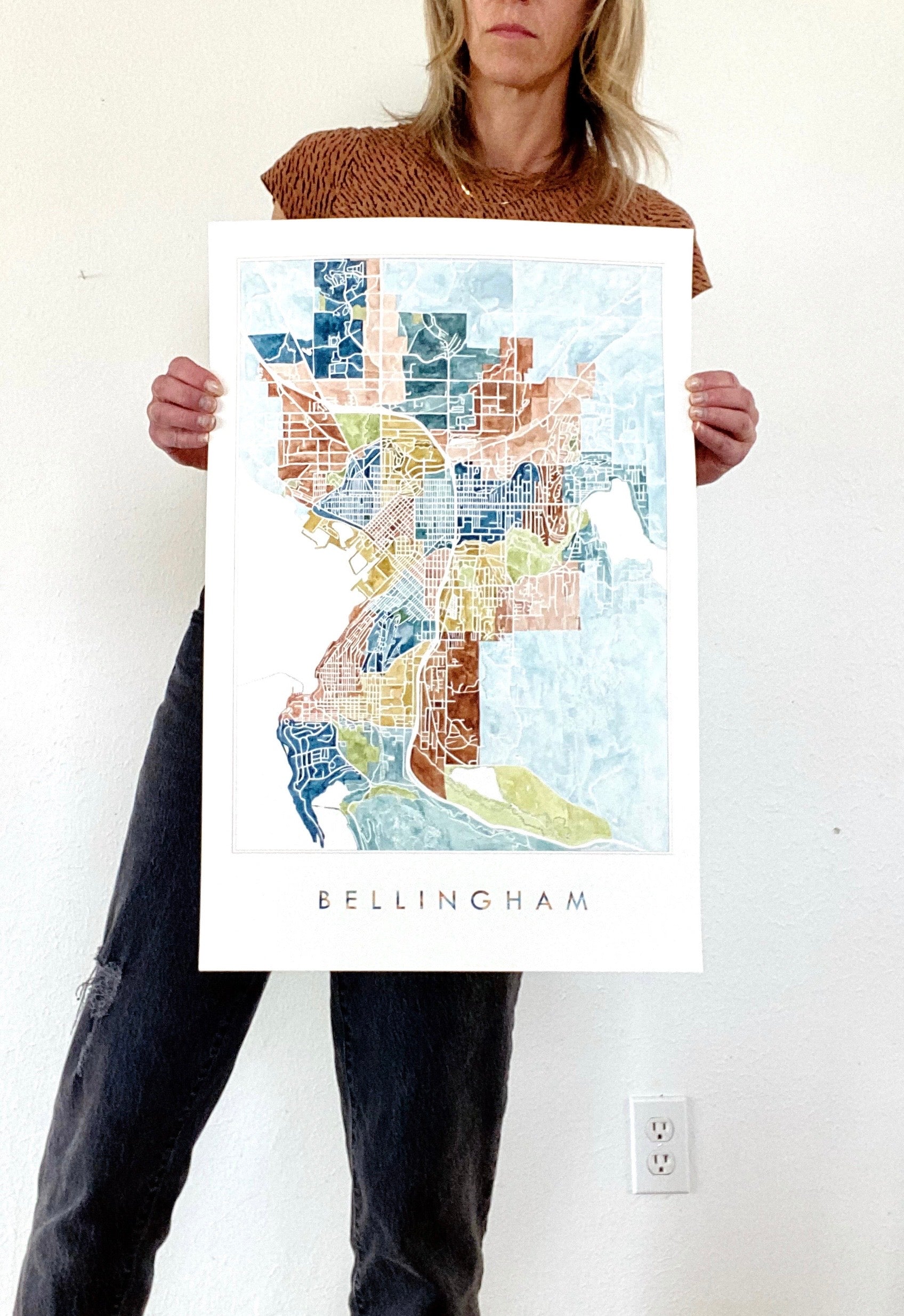BELLINGHAM Neighborhoods Watercolor City Blocks Map: ORIGINAL PAINTING
