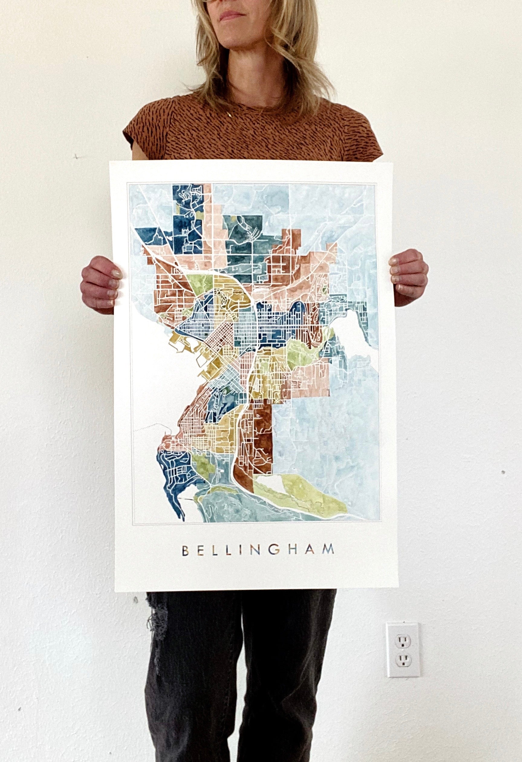 BELLINGHAM Neighborhoods Watercolor City Blocks Map: ORIGINAL PAINTING