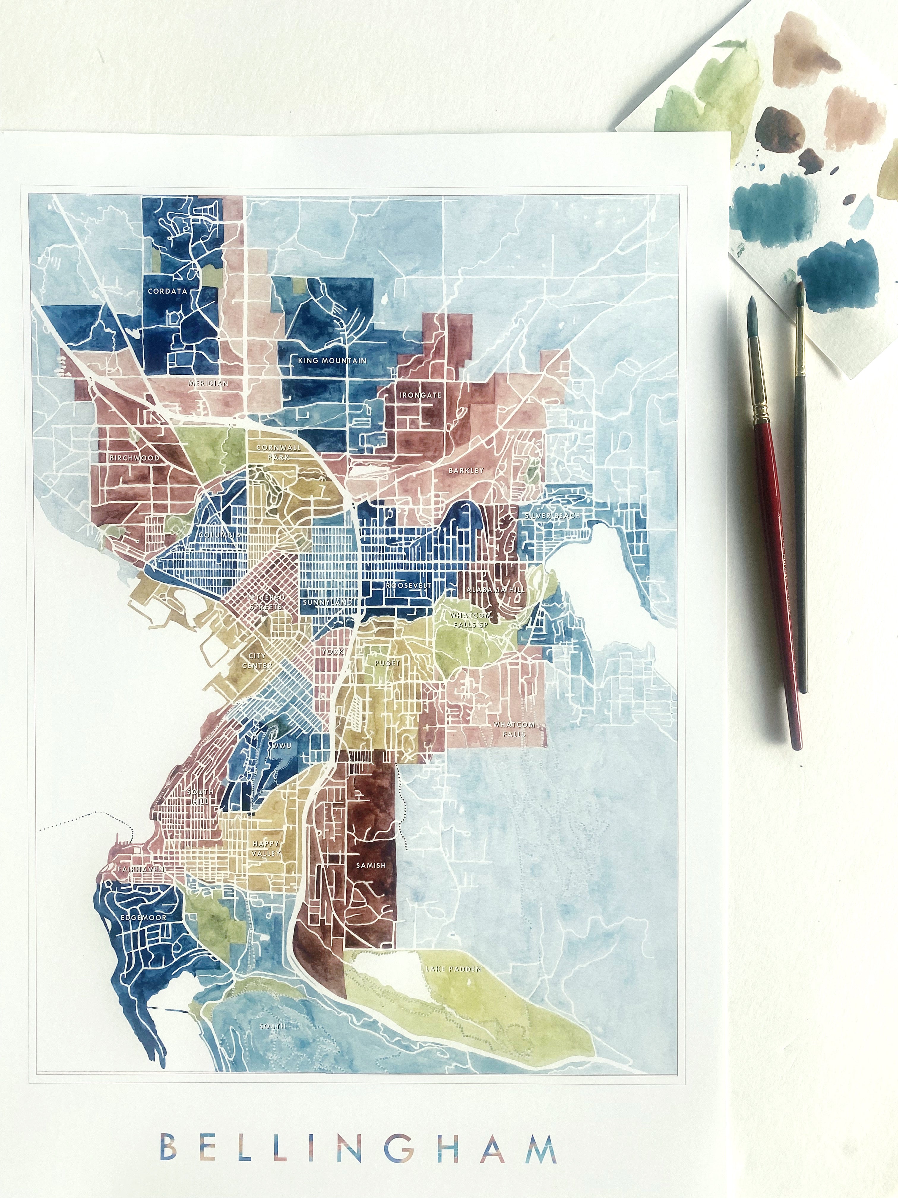 BELLINGHAM Neighborhoods Watercolor City Blocks Map: PRINT