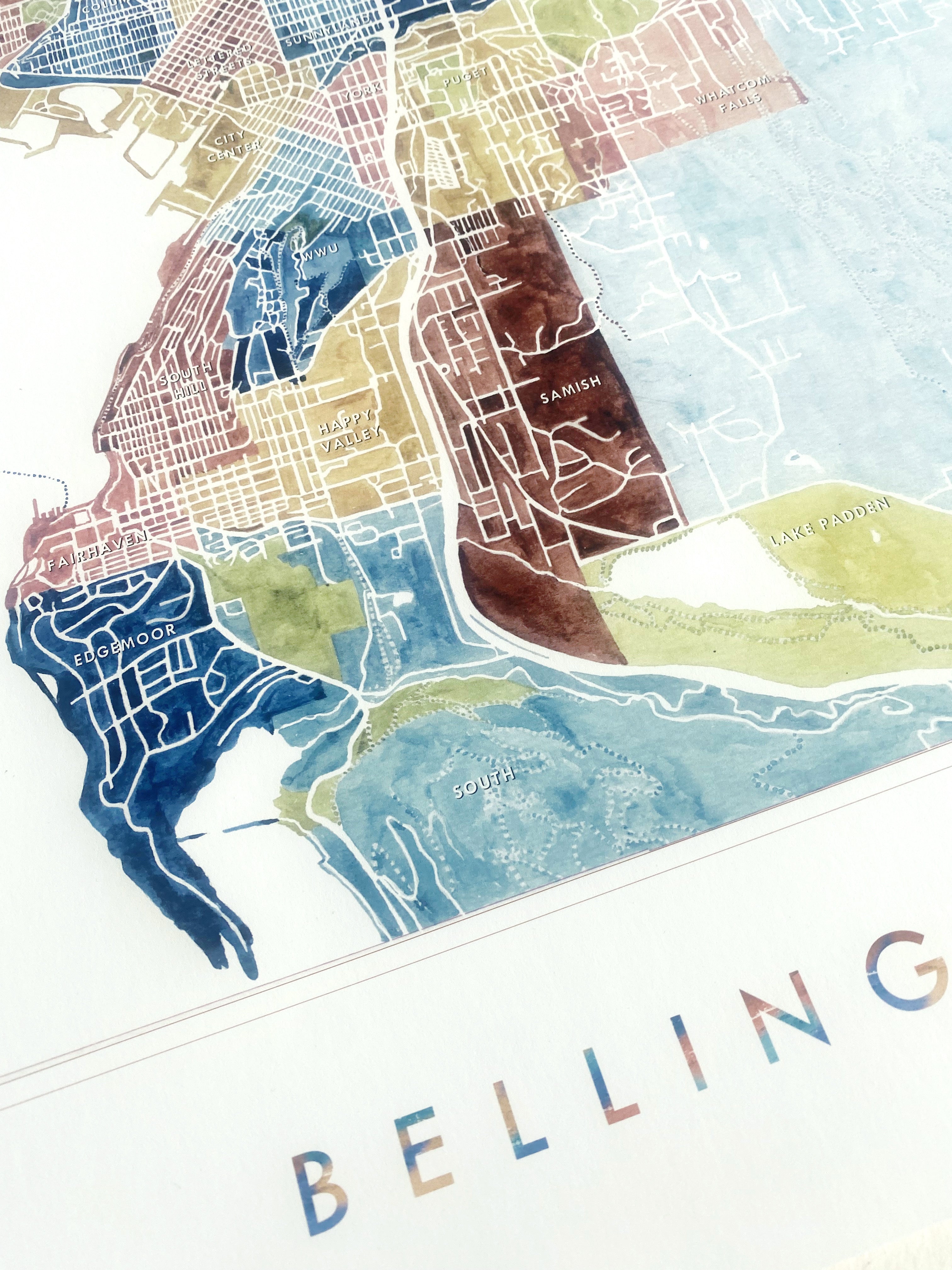 BELLINGHAM Neighborhoods Watercolor City Blocks Map: PRINT
