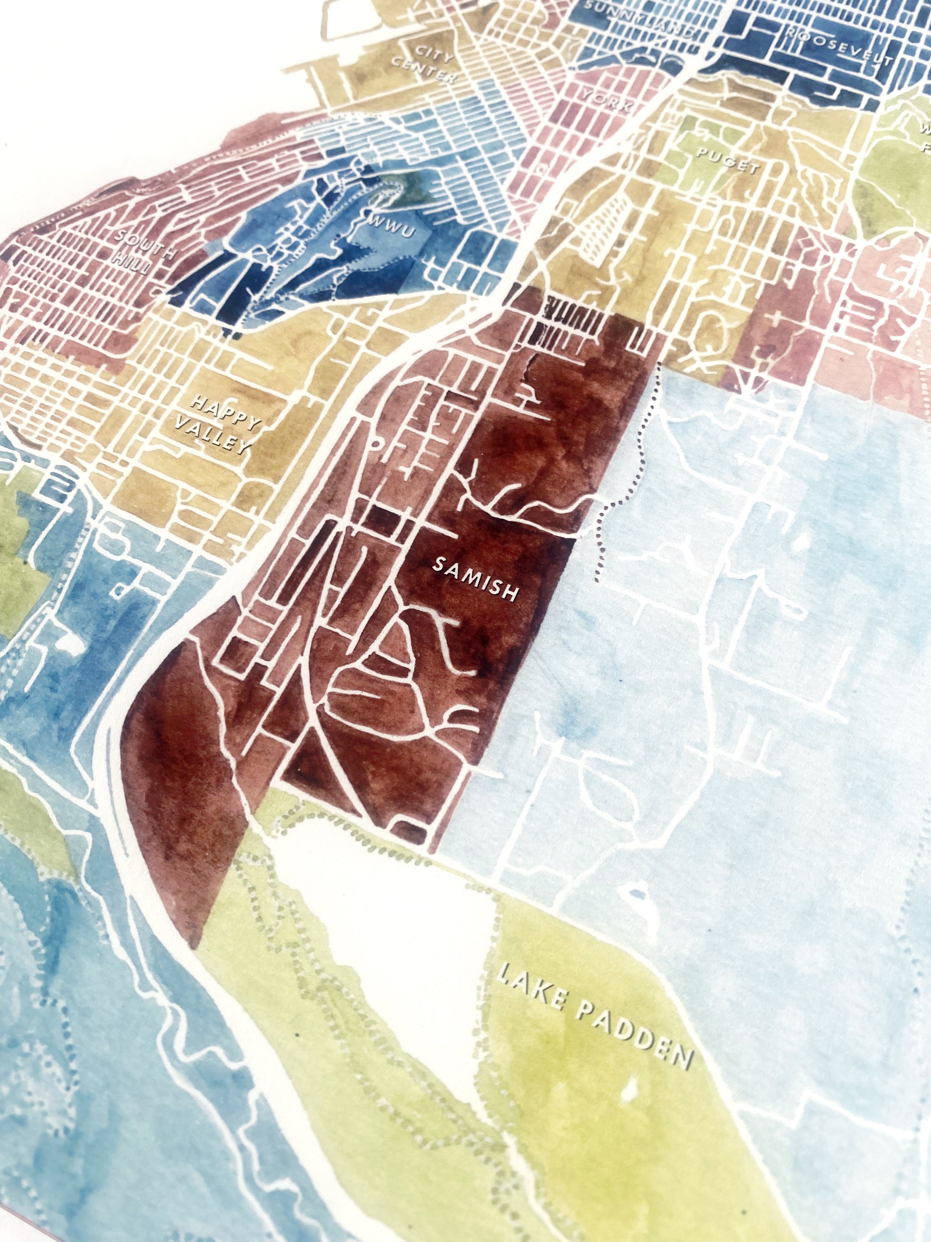 BELLINGHAM Neighborhoods Watercolor City Blocks Map: PRINT