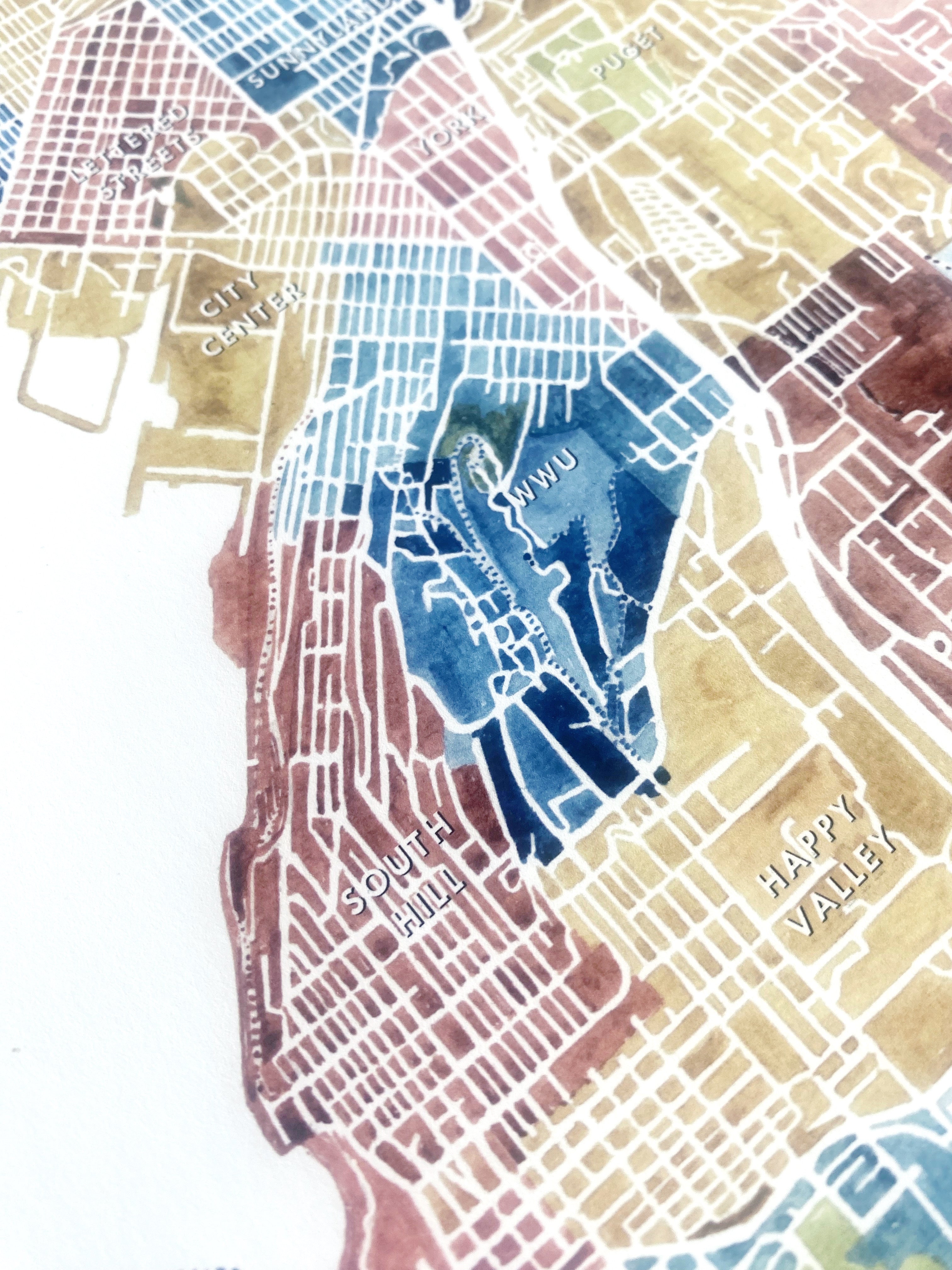 BELLINGHAM Neighborhoods Watercolor City Blocks Map: PRINT