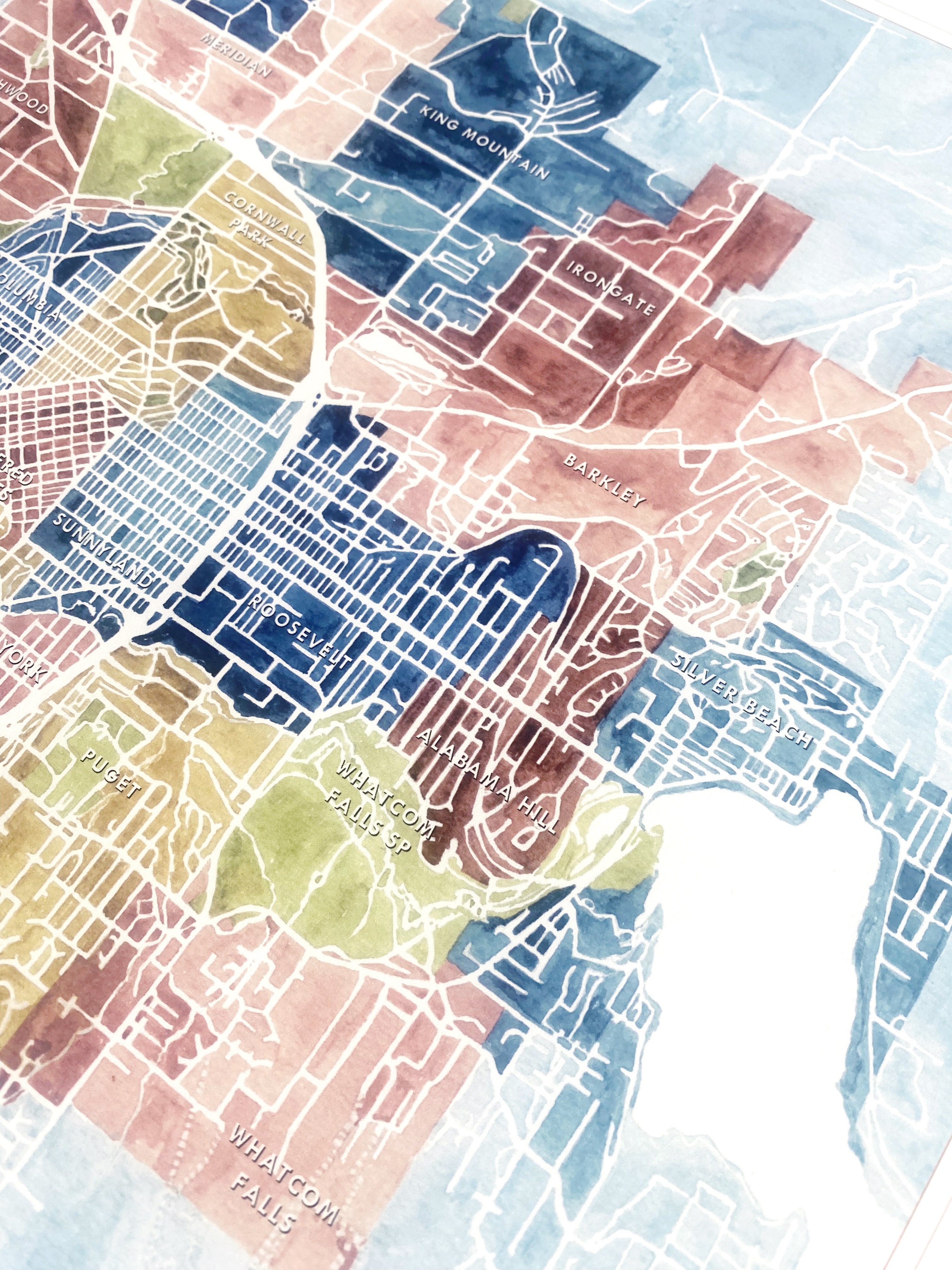 BELLINGHAM Neighborhoods Watercolor City Blocks Map: PRINT