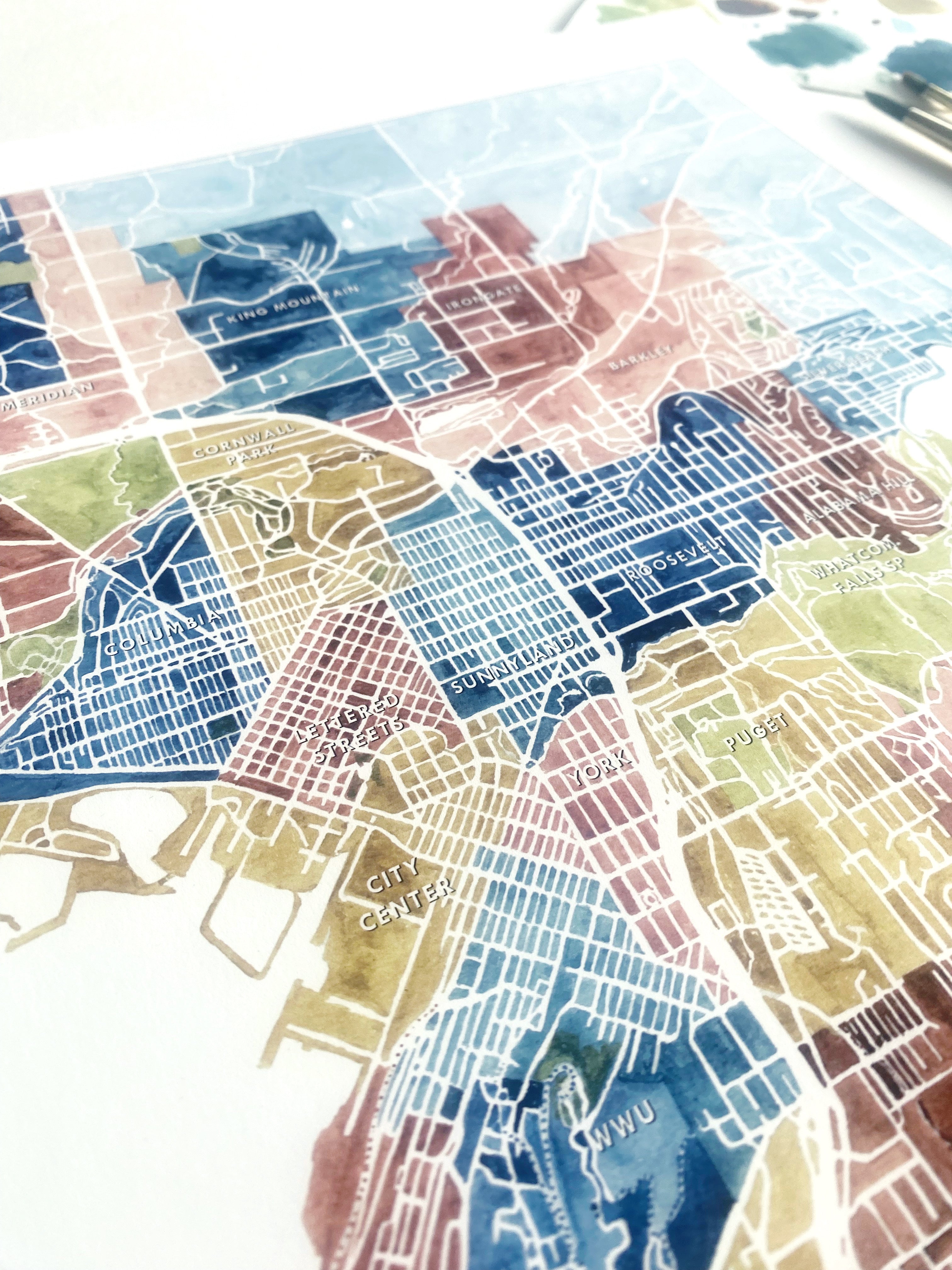 BELLINGHAM Neighborhoods Watercolor City Blocks Map: PRINT