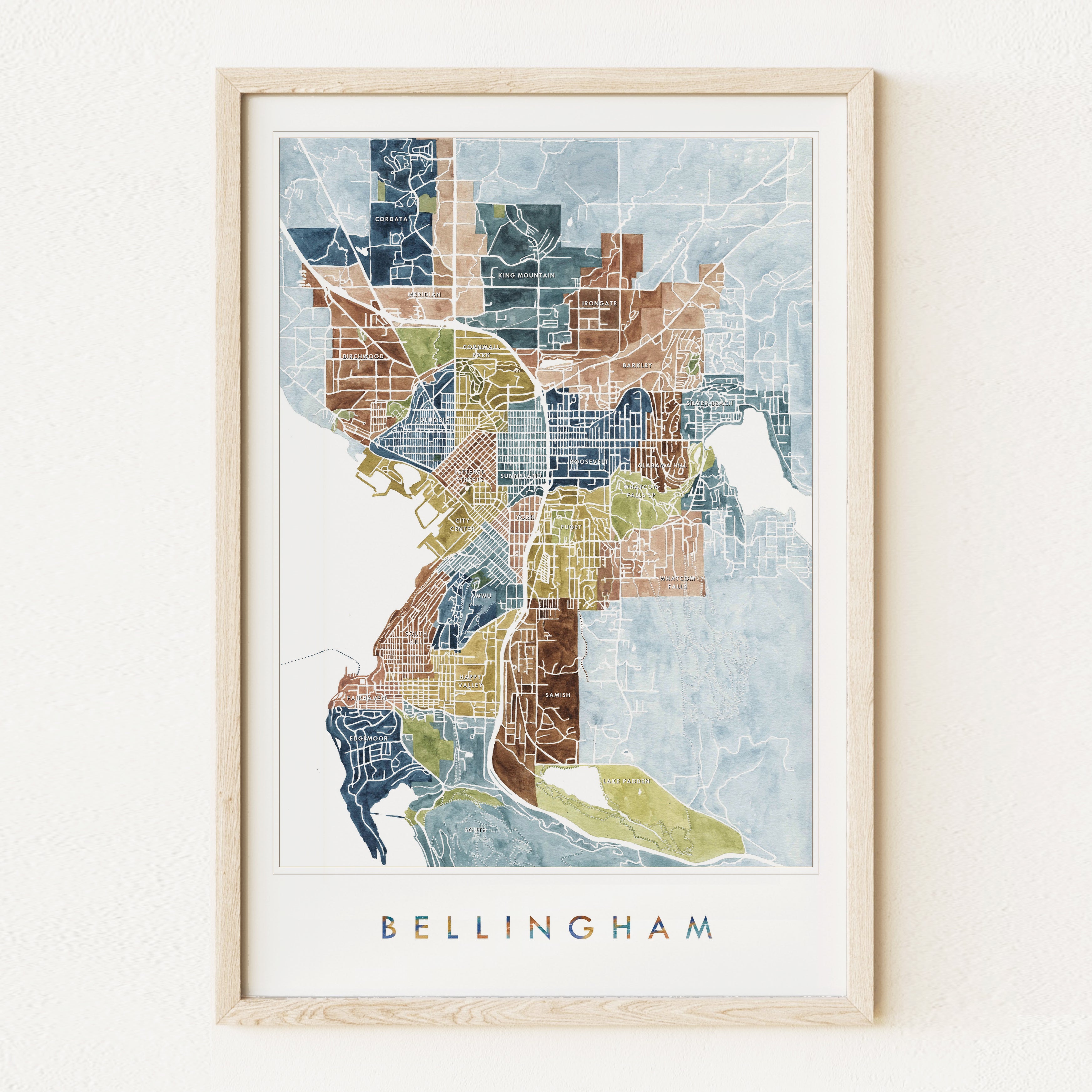 BELLINGHAM Neighborhoods Watercolor City Blocks Map: PRINT