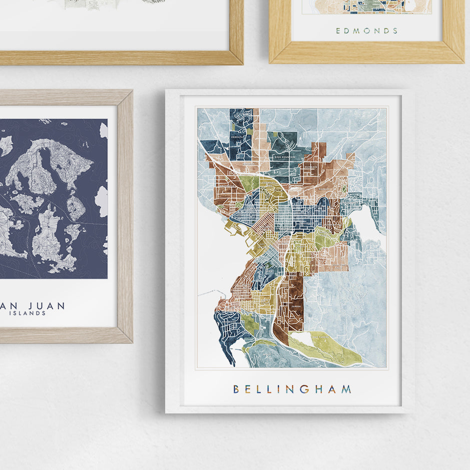BELLINGHAM Neighborhoods Watercolor City Blocks Map: PRINT