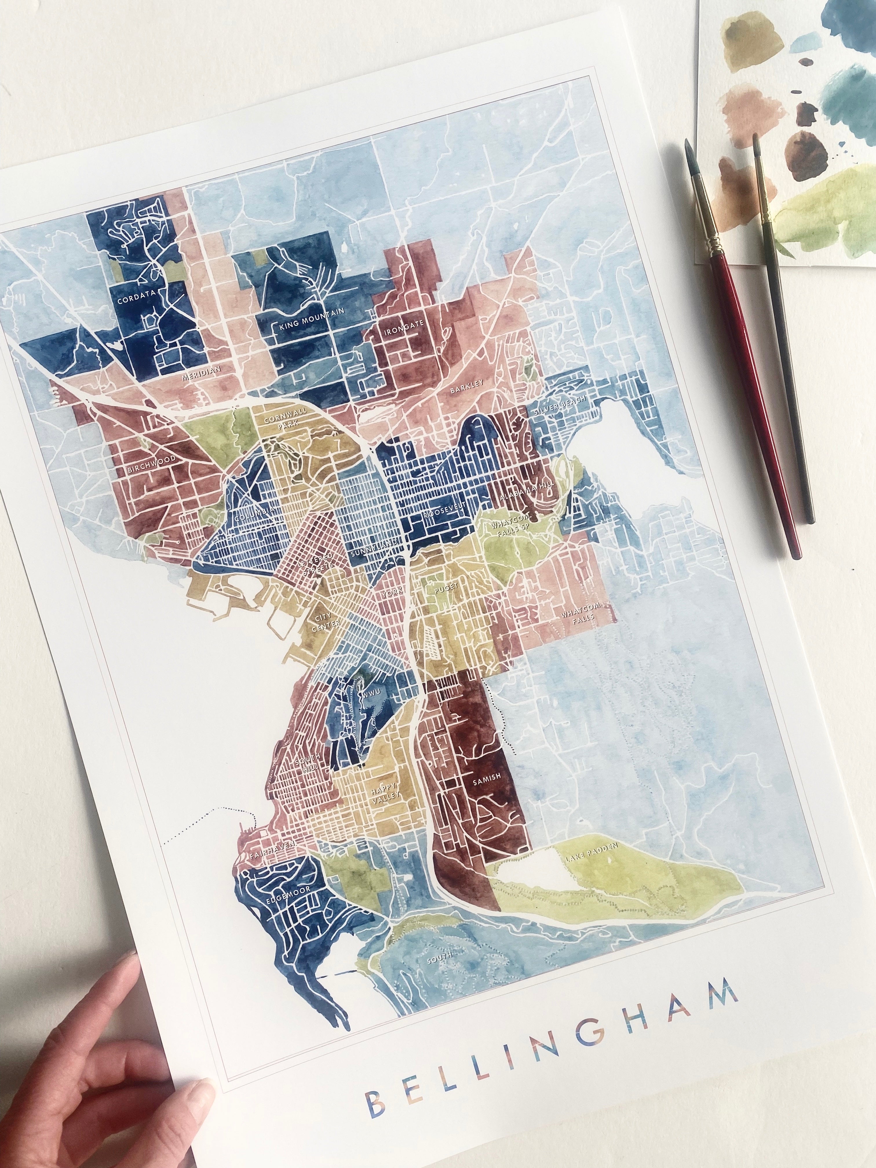 BELLINGHAM Neighborhoods Watercolor City Blocks Map: PRINT