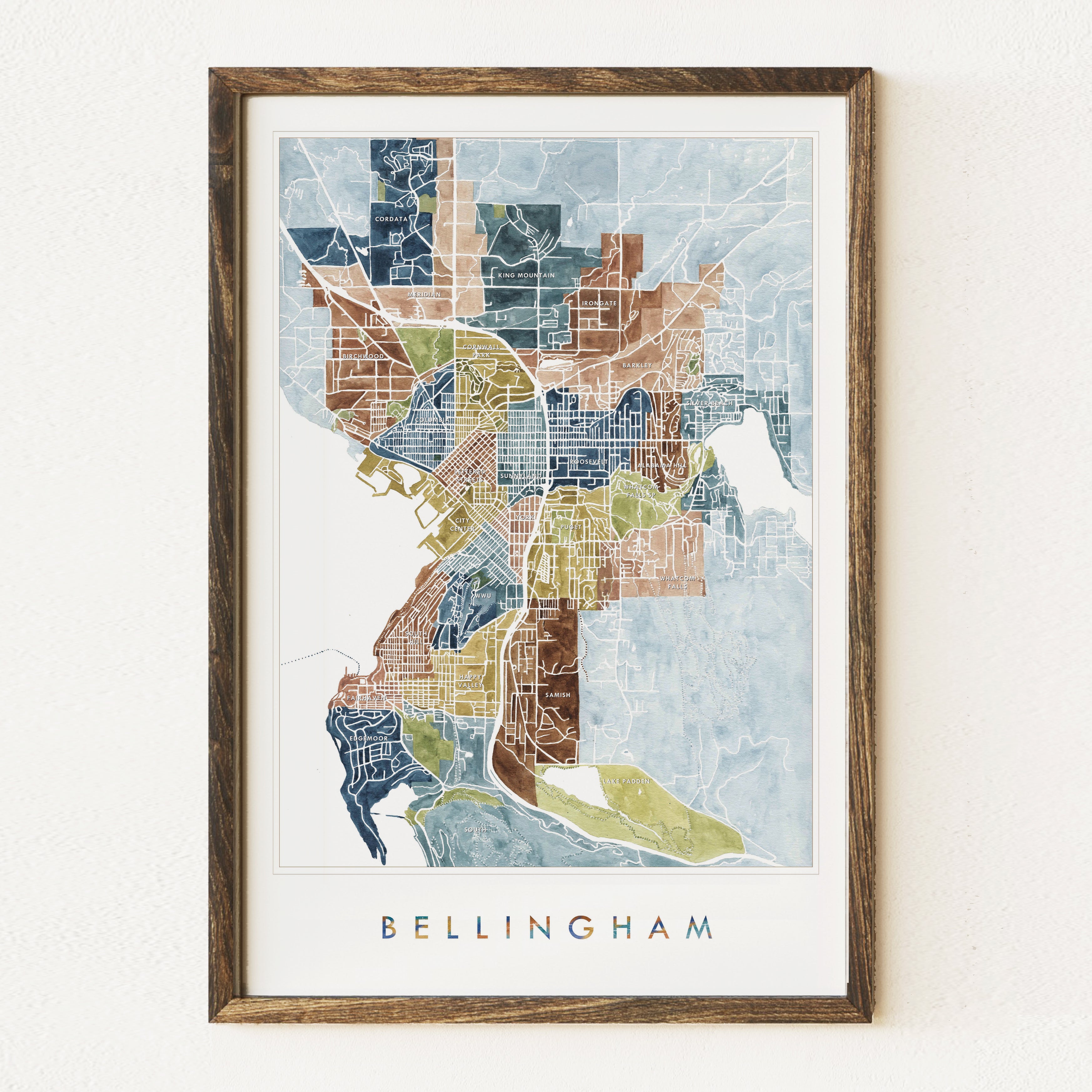 BELLINGHAM Neighborhoods Watercolor City Blocks Map: PRINT