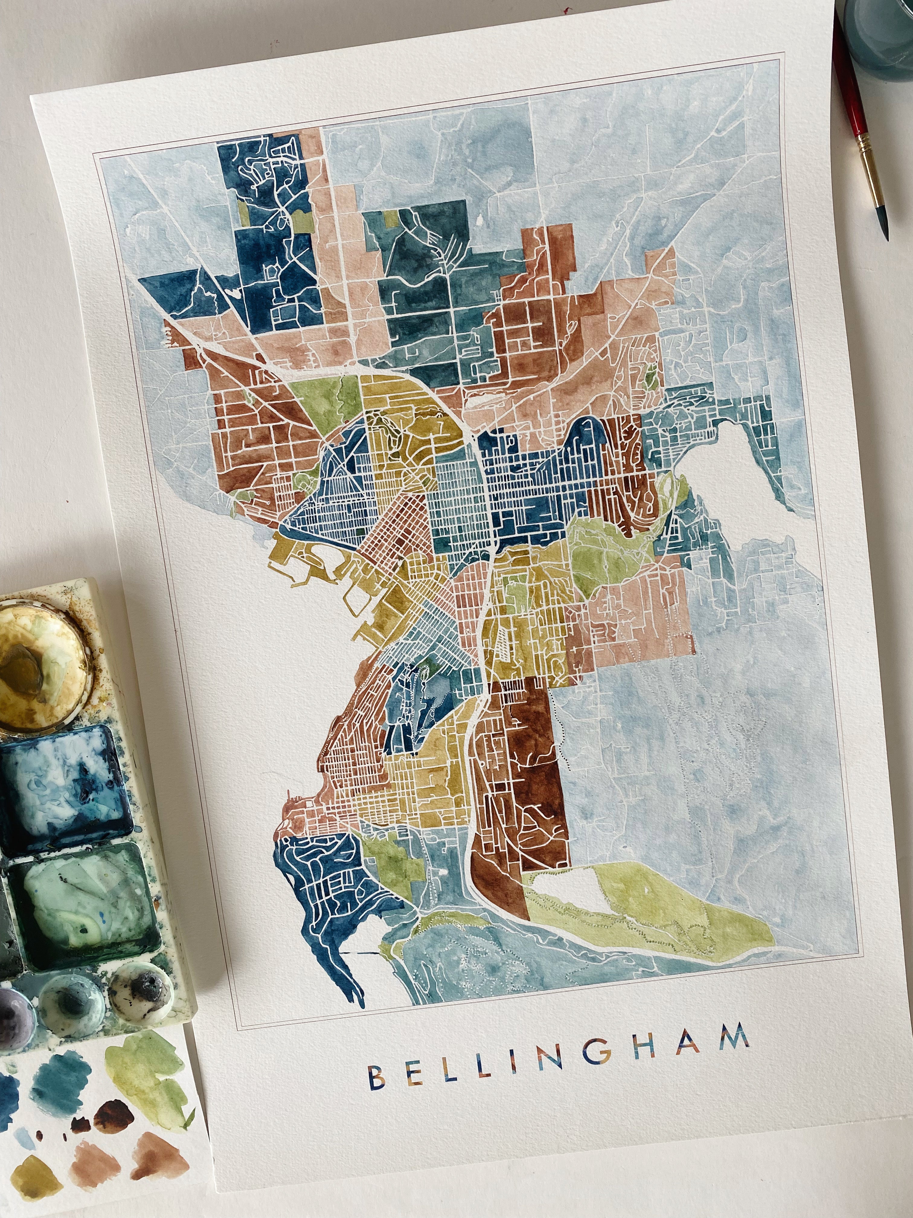 BELLINGHAM Neighborhoods Watercolor City Blocks Map: ORIGINAL PAINTING