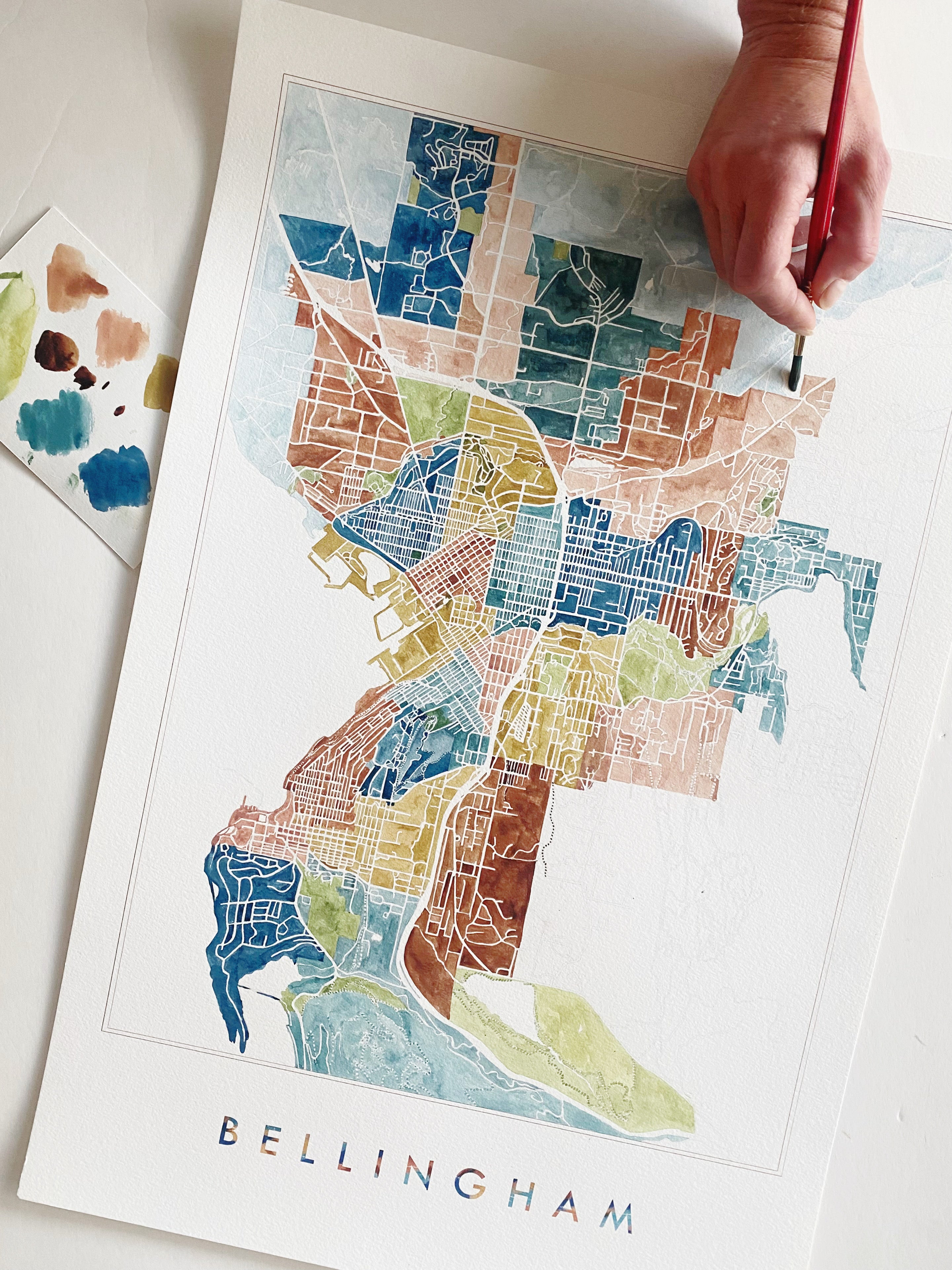 BELLINGHAM Washington Neighborhoods Watercolor Map Postcard