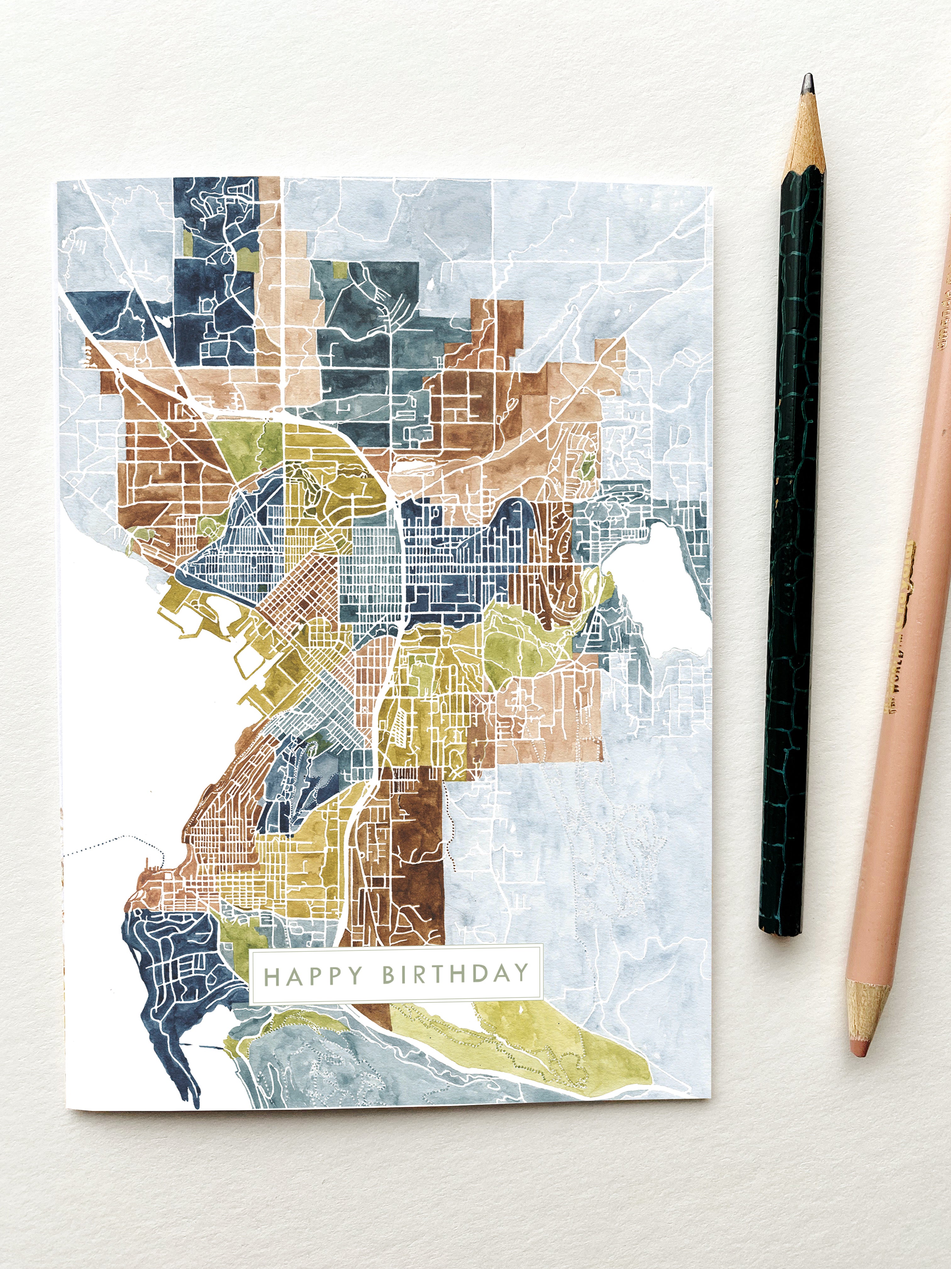 BELLINGHAM Washington Neighborhoods Watercolor Map - BIRTHDAY greeting card