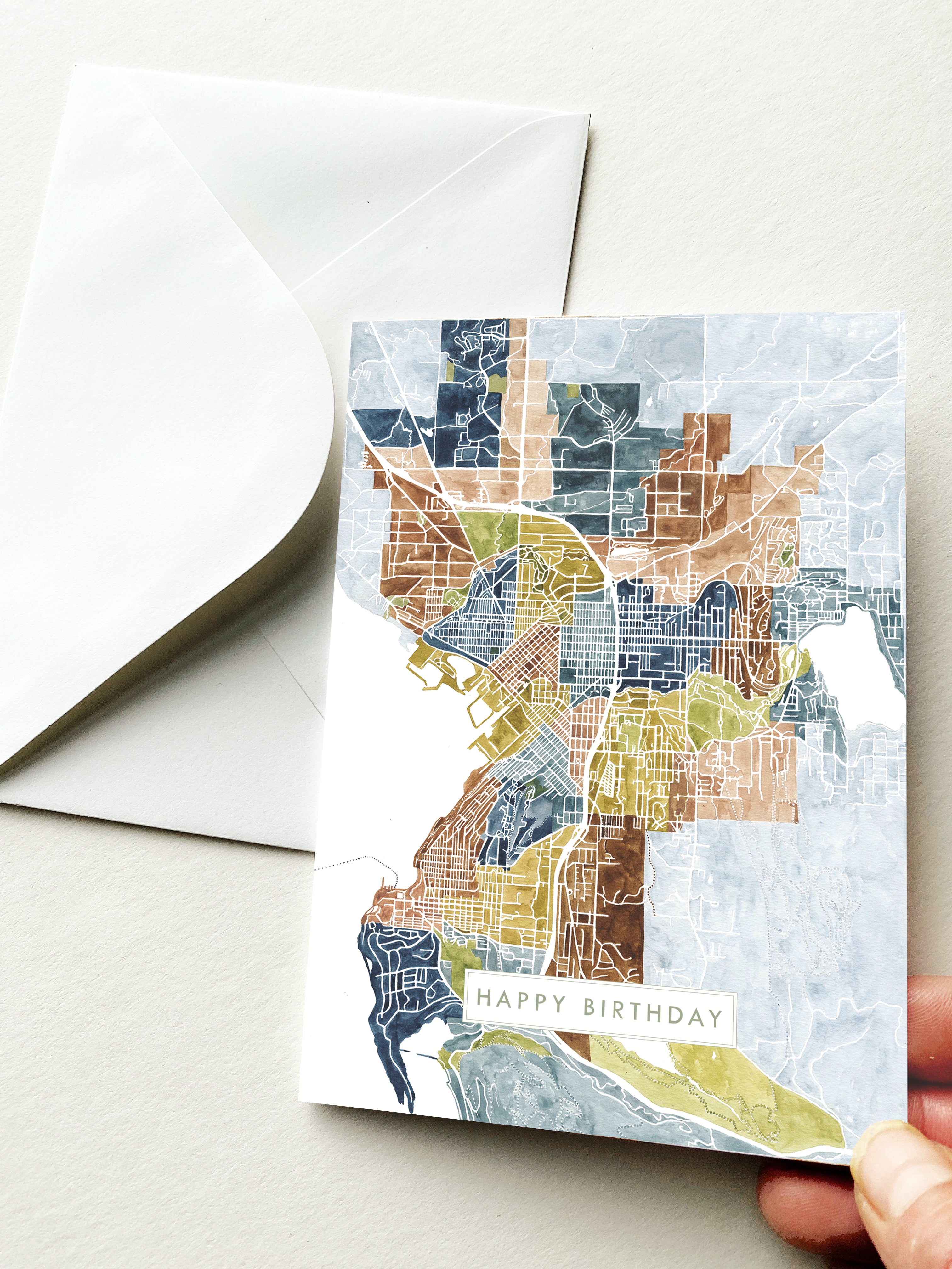 BELLINGHAM Washington Neighborhoods Watercolor Map - BIRTHDAY greeting card
