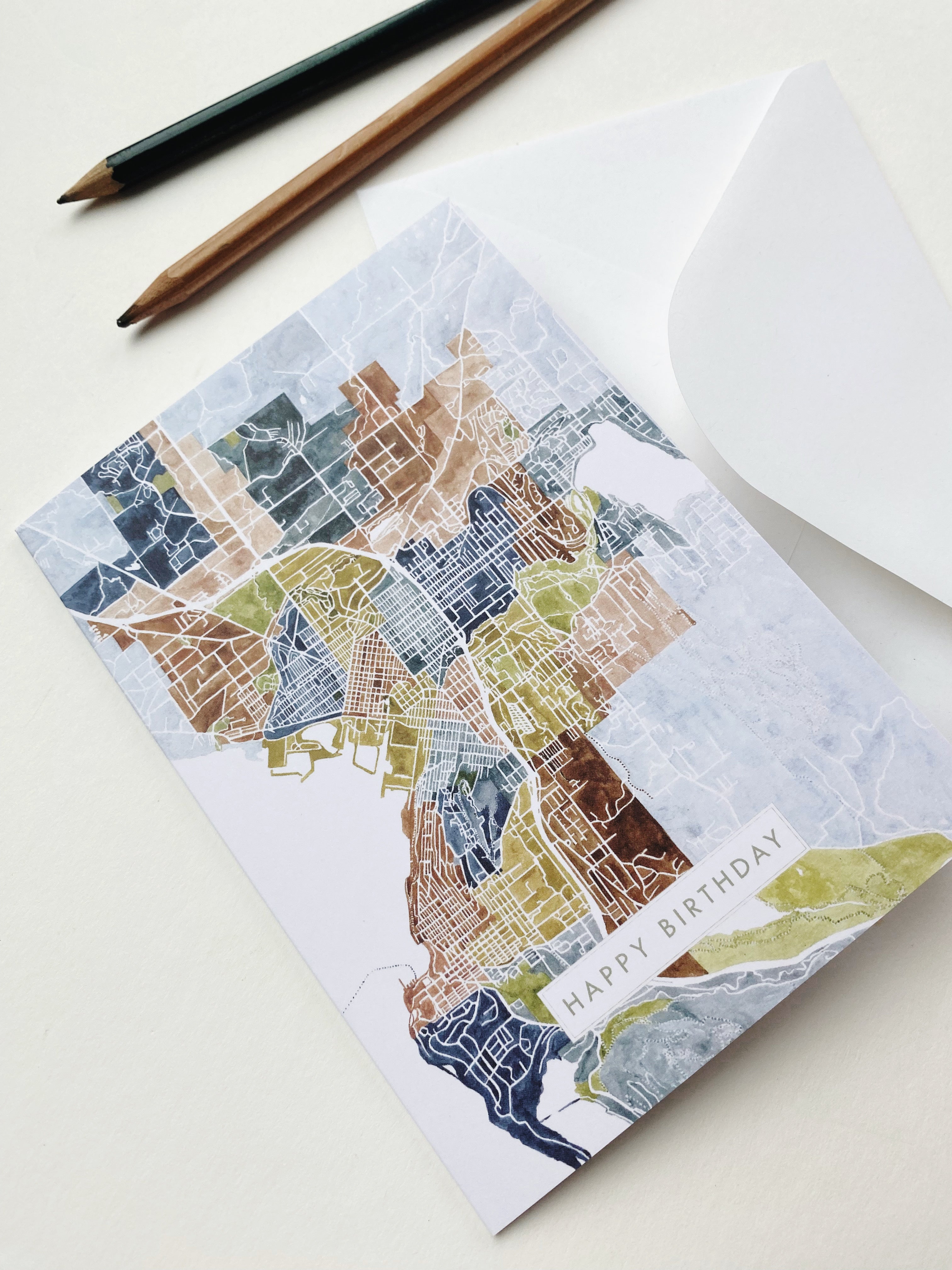 BELLINGHAM Washington Neighborhoods Watercolor Map - BIRTHDAY greeting card