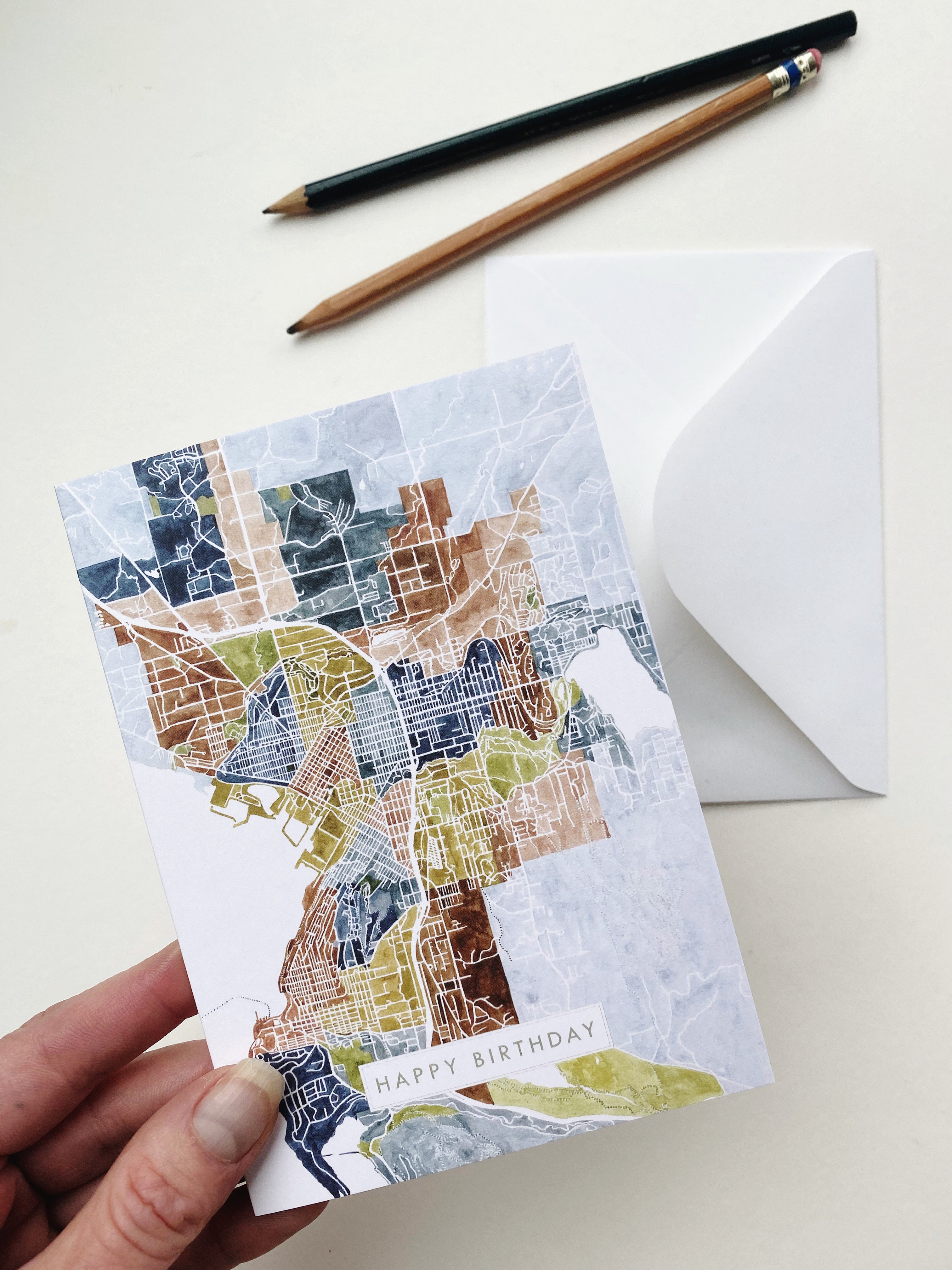 BELLINGHAM Washington Neighborhoods Watercolor Map - BIRTHDAY greeting card