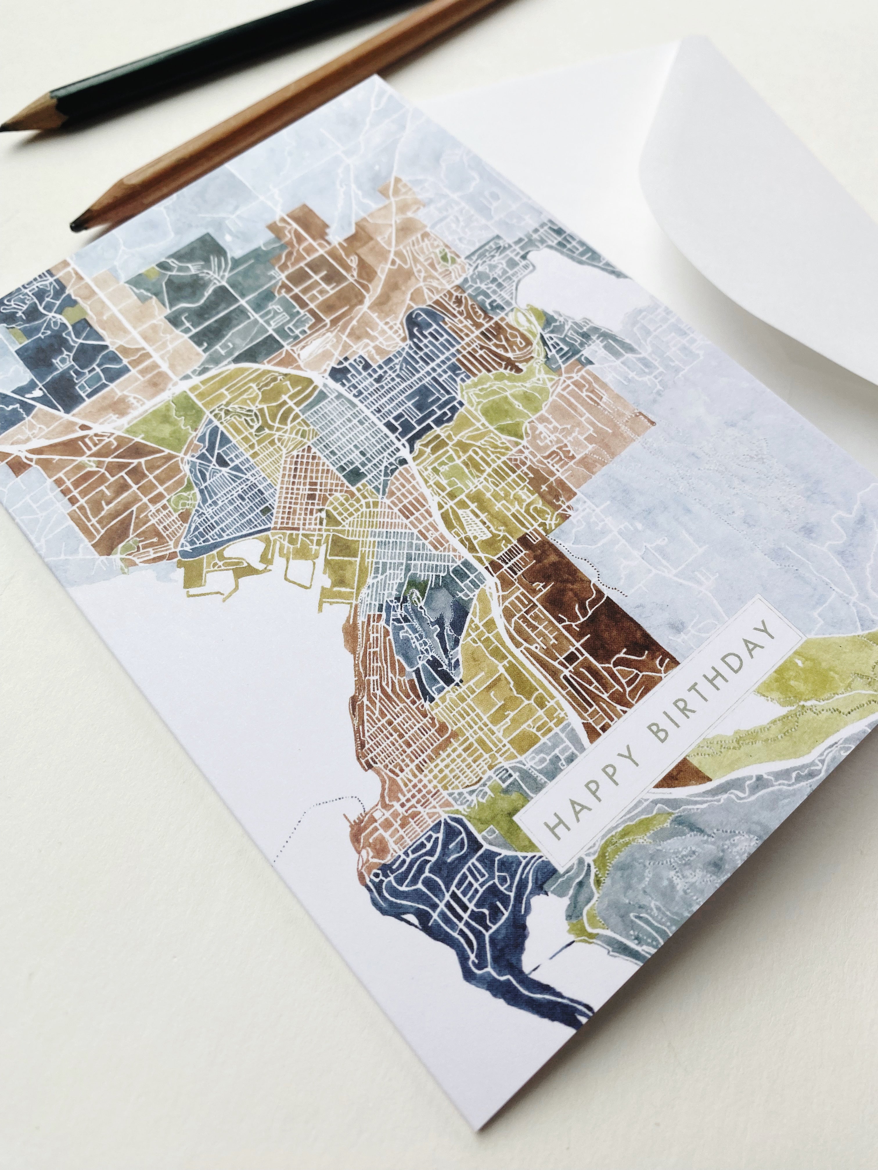 BELLINGHAM Washington Neighborhoods Watercolor Map - BIRTHDAY greeting card