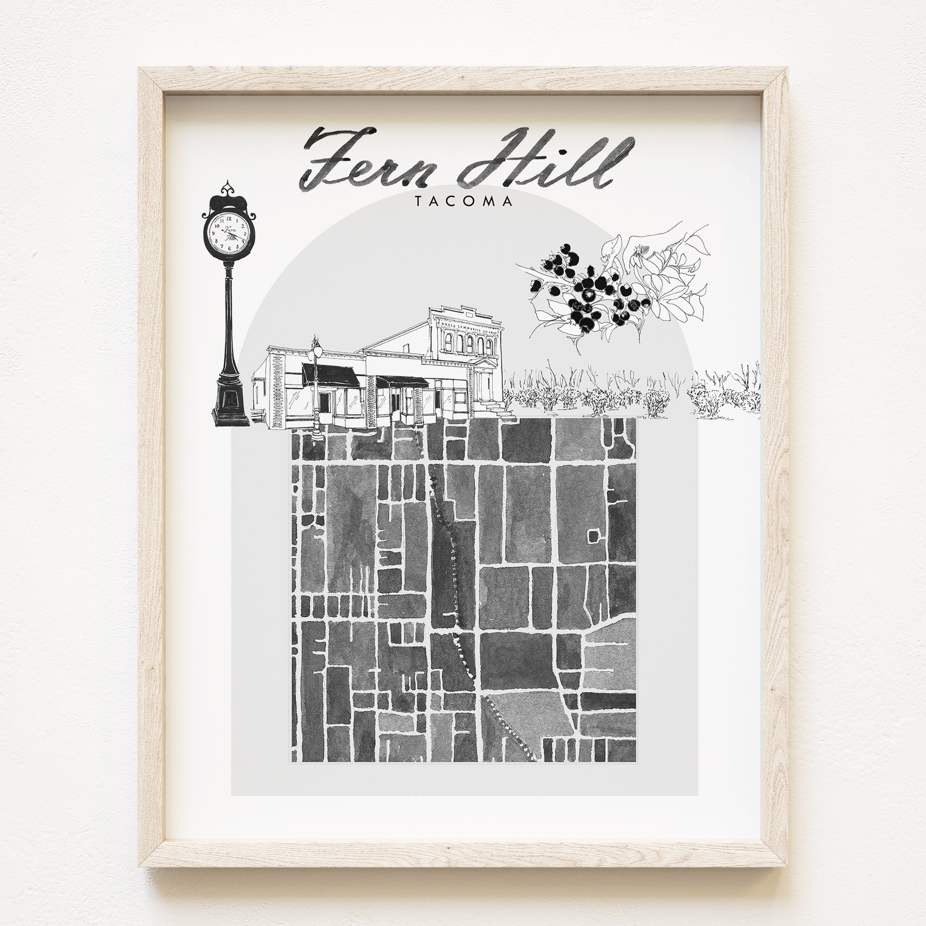 B/W FERN HILL TACOMA Neighborhood "Charms" Watercolor Map: PRINT