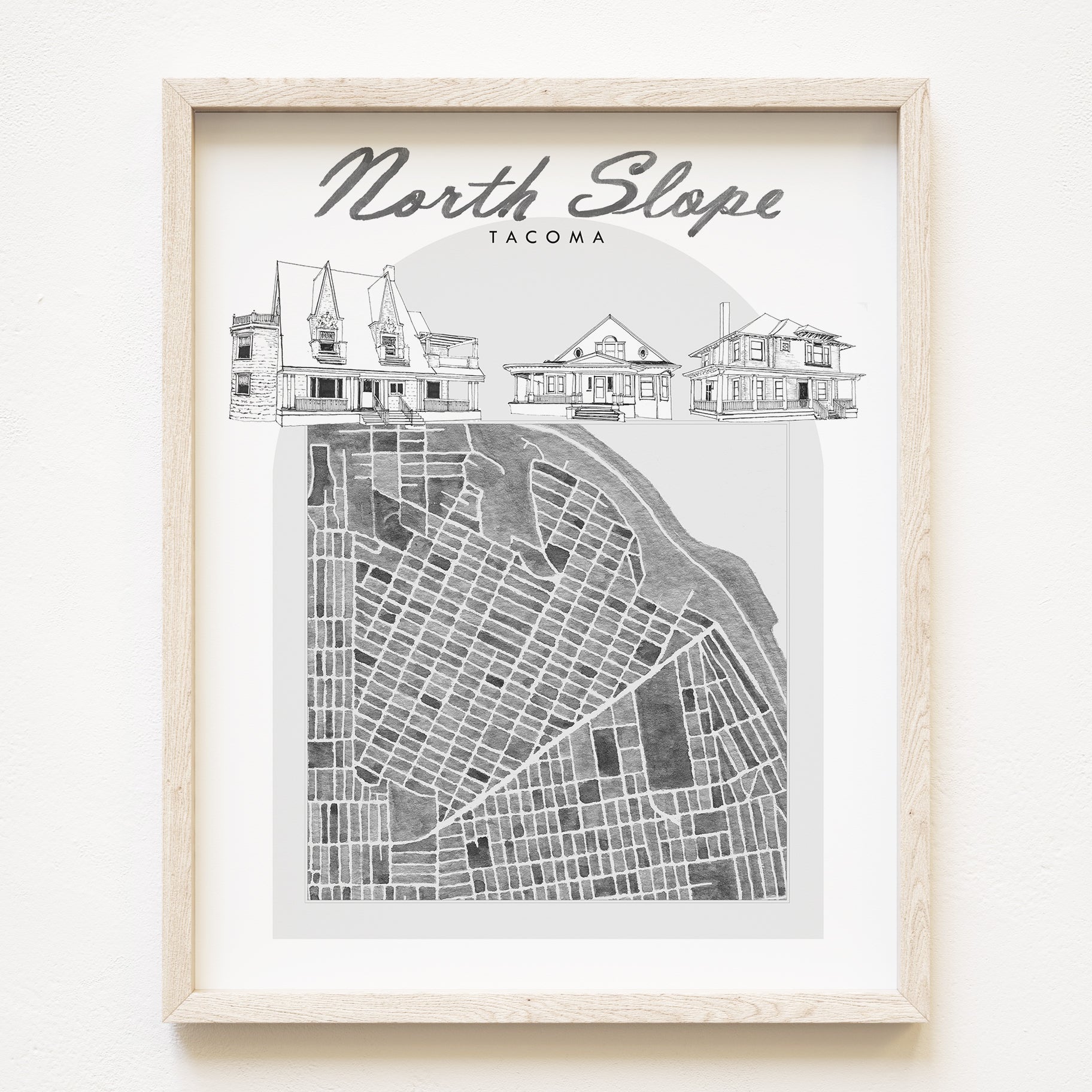 B/W NORTH SLOPE TACOMA Neighborhood "Charms" Watercolor Map: PRINT