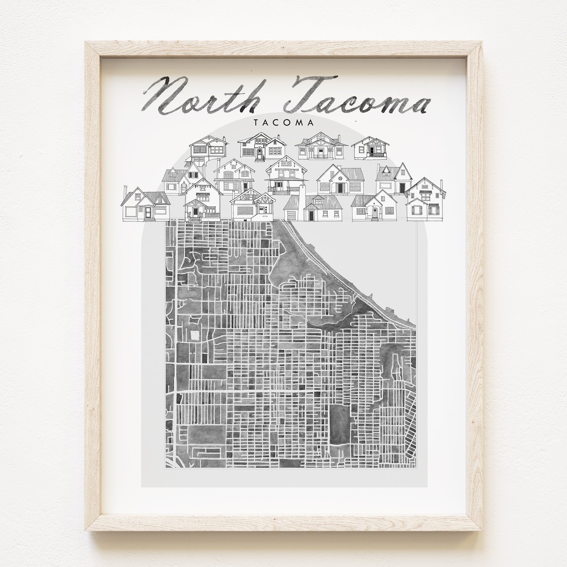 B/W NORTH TACOMA Neighborhood "Charms" Watercolor Map: PRINT