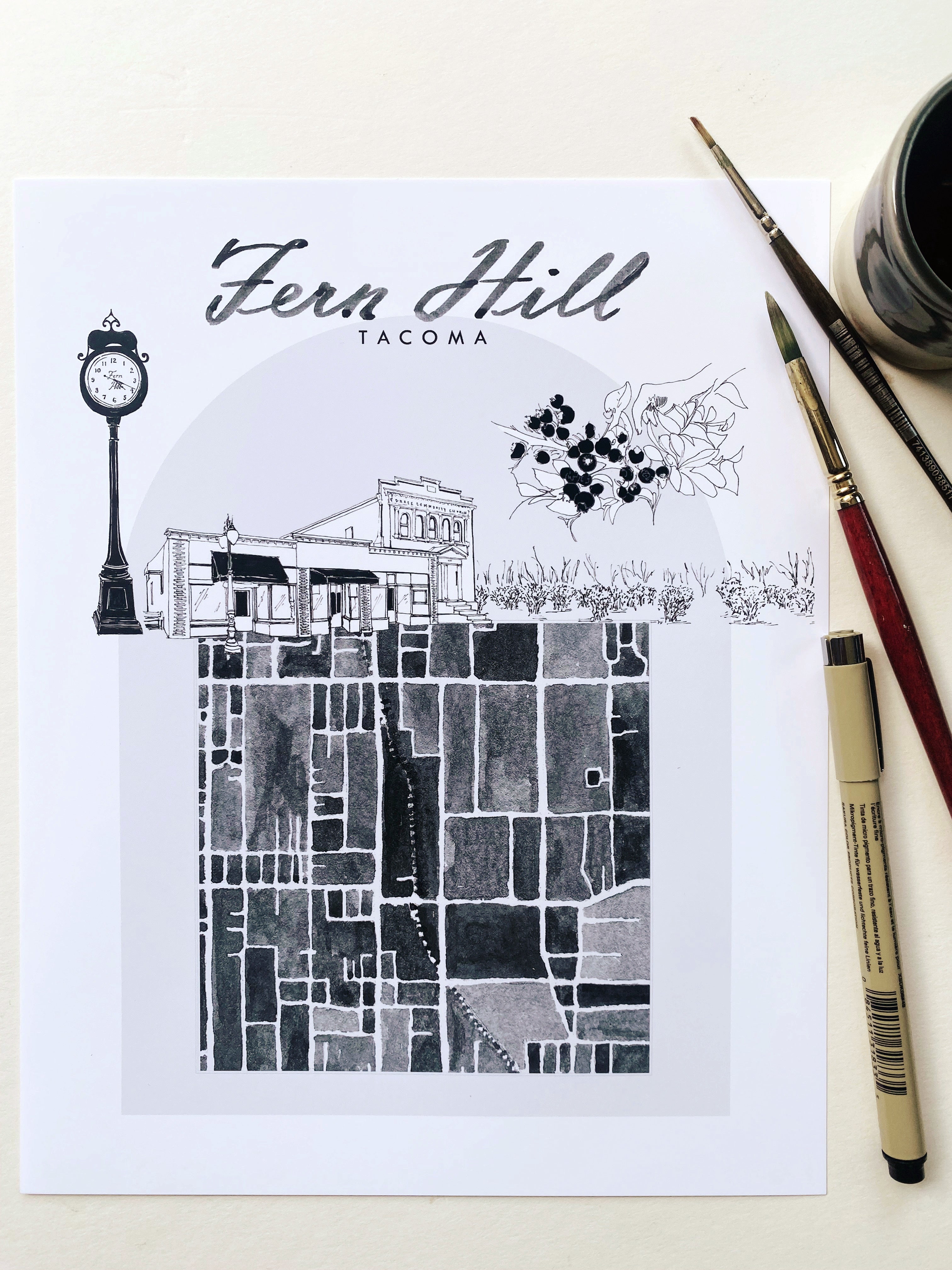 B/W FERN HILL TACOMA Neighborhood "Charms" Watercolor Map: PRINT