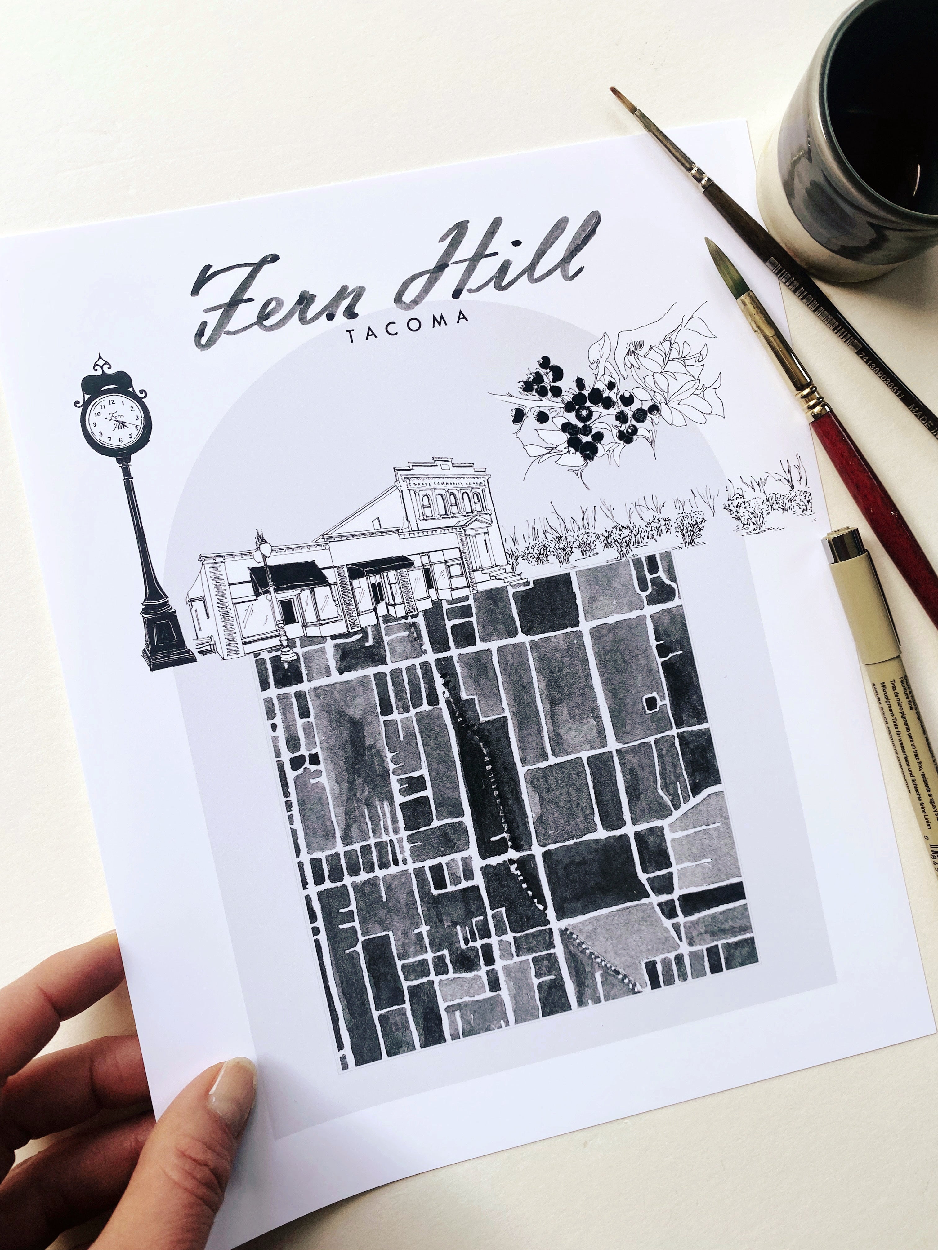 B/W FERN HILL TACOMA Neighborhood "Charms" Watercolor Map: PRINT