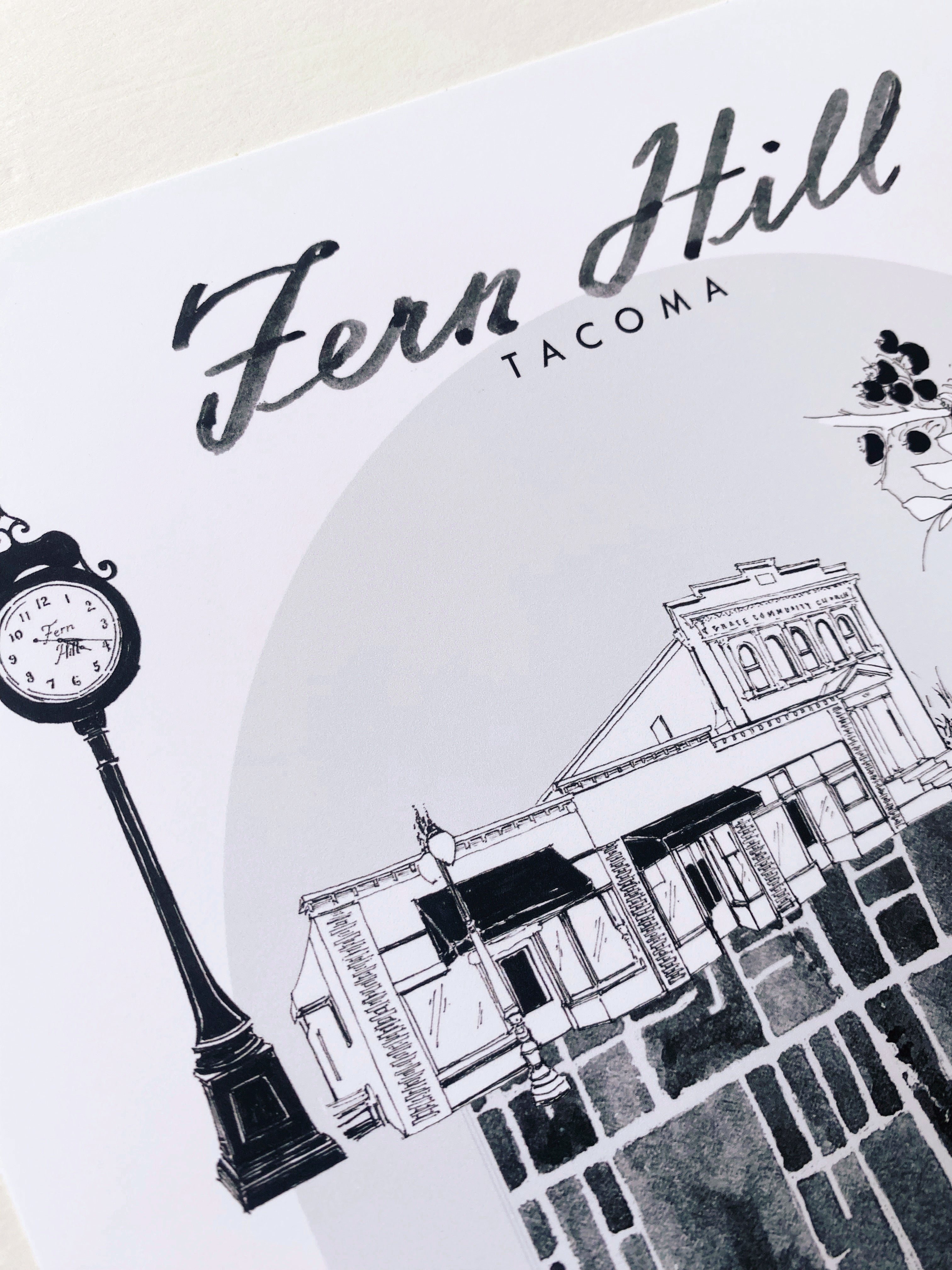B/W FERN HILL TACOMA Neighborhood "Charms" Watercolor Map: PRINT