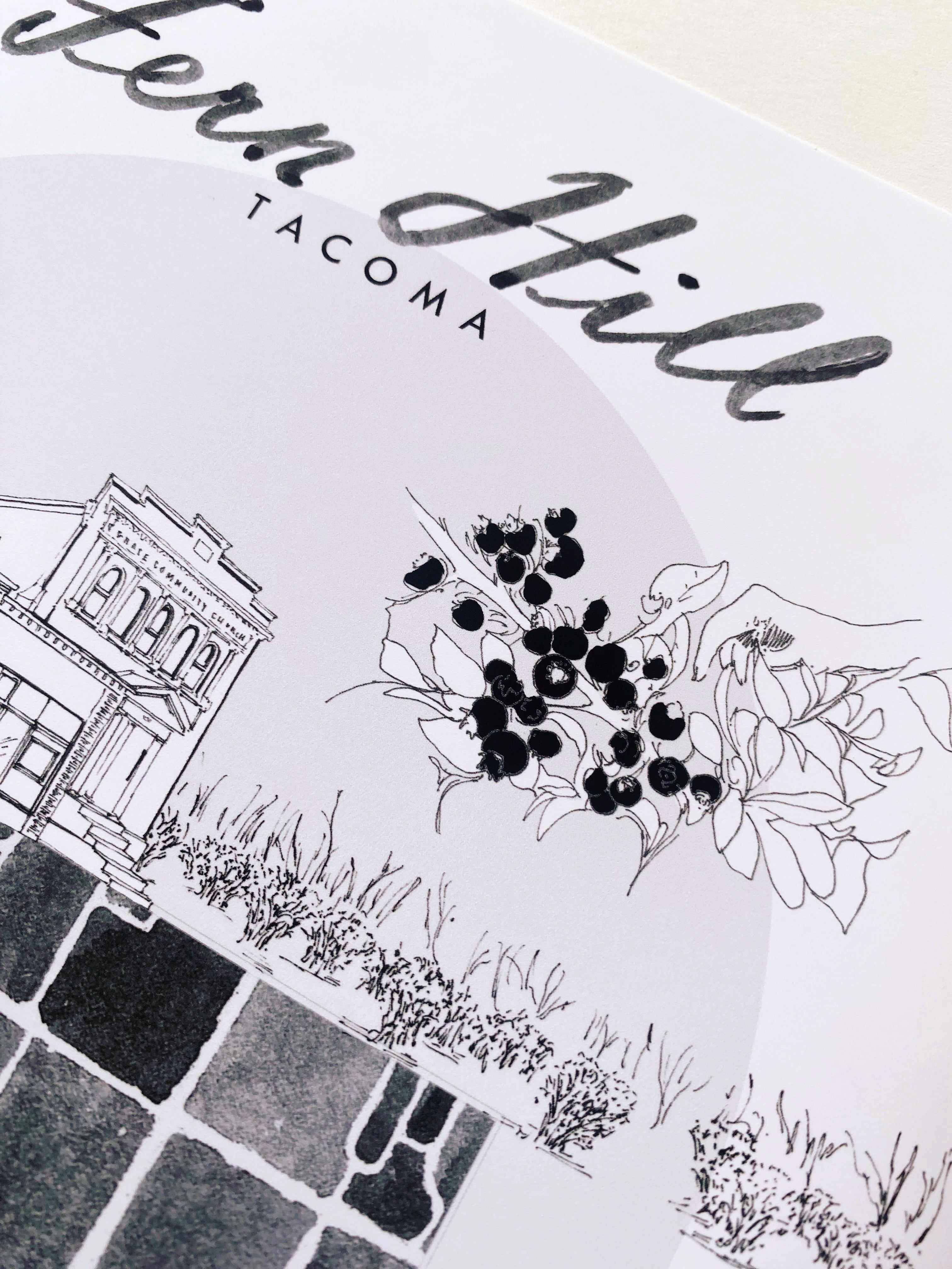 B/W FERN HILL TACOMA Neighborhood "Charms" Watercolor Map: PRINT