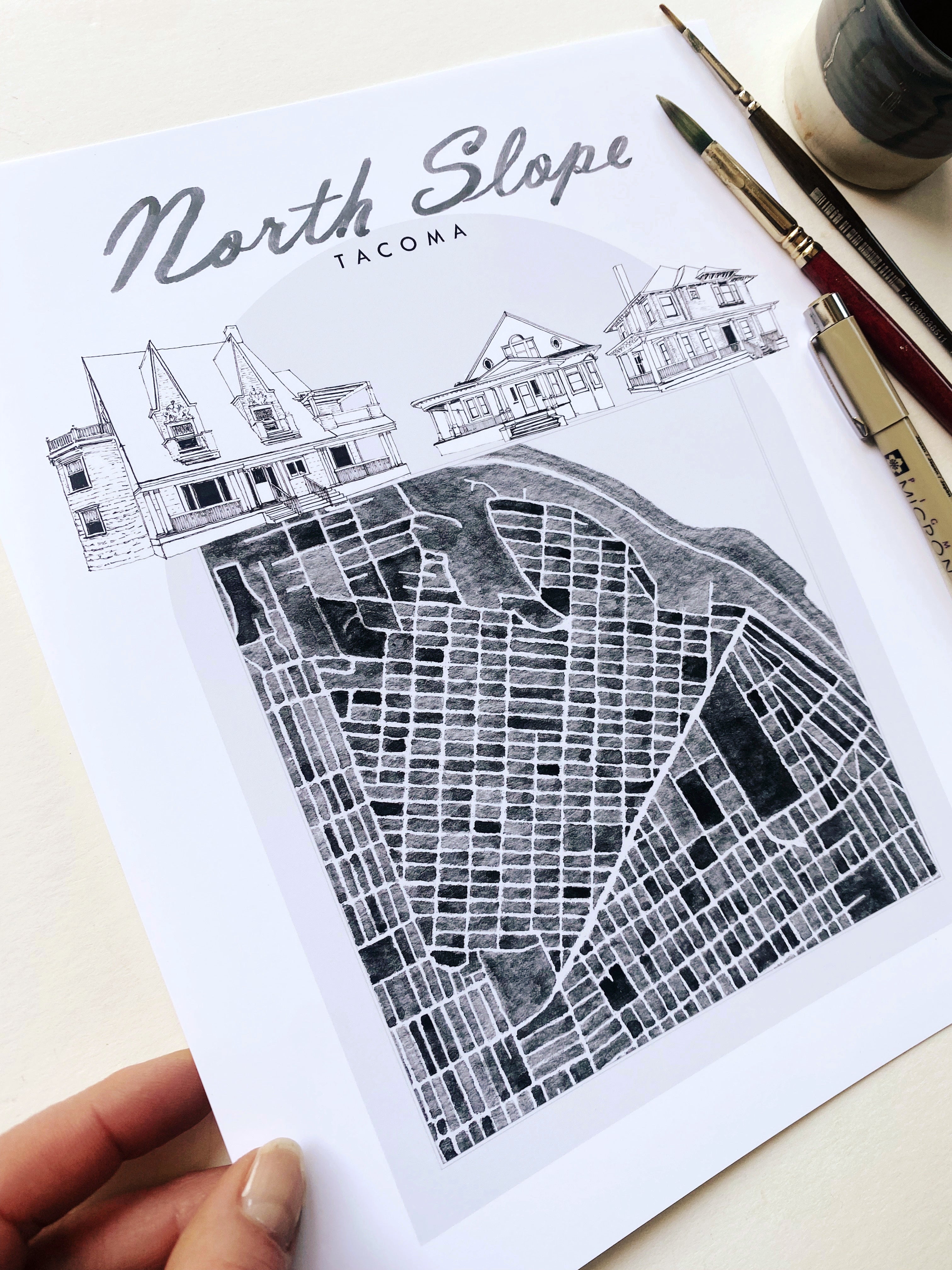 B/W NORTH SLOPE TACOMA Neighborhood "Charms" Watercolor Map: PRINT