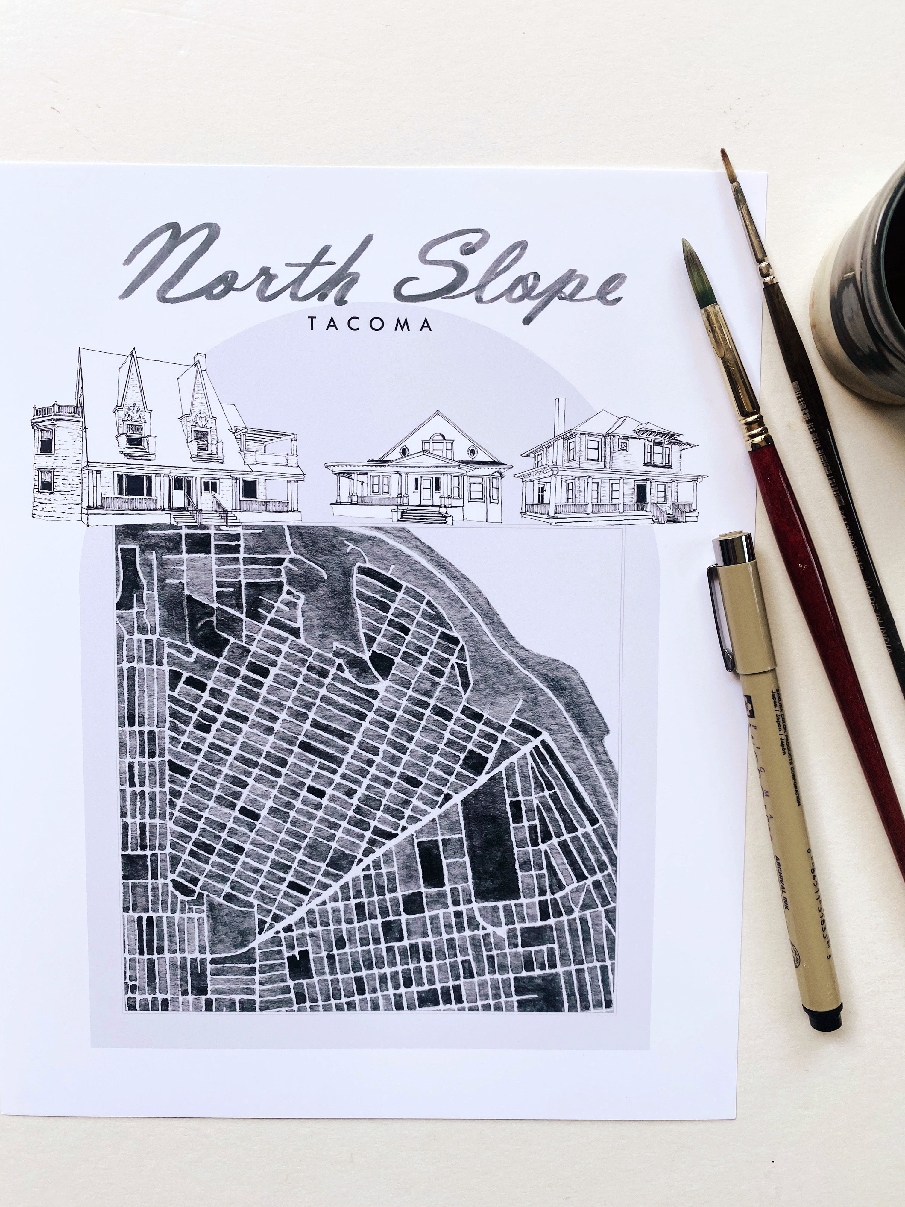 B/W NORTH SLOPE TACOMA Neighborhood "Charms" Watercolor Map: PRINT