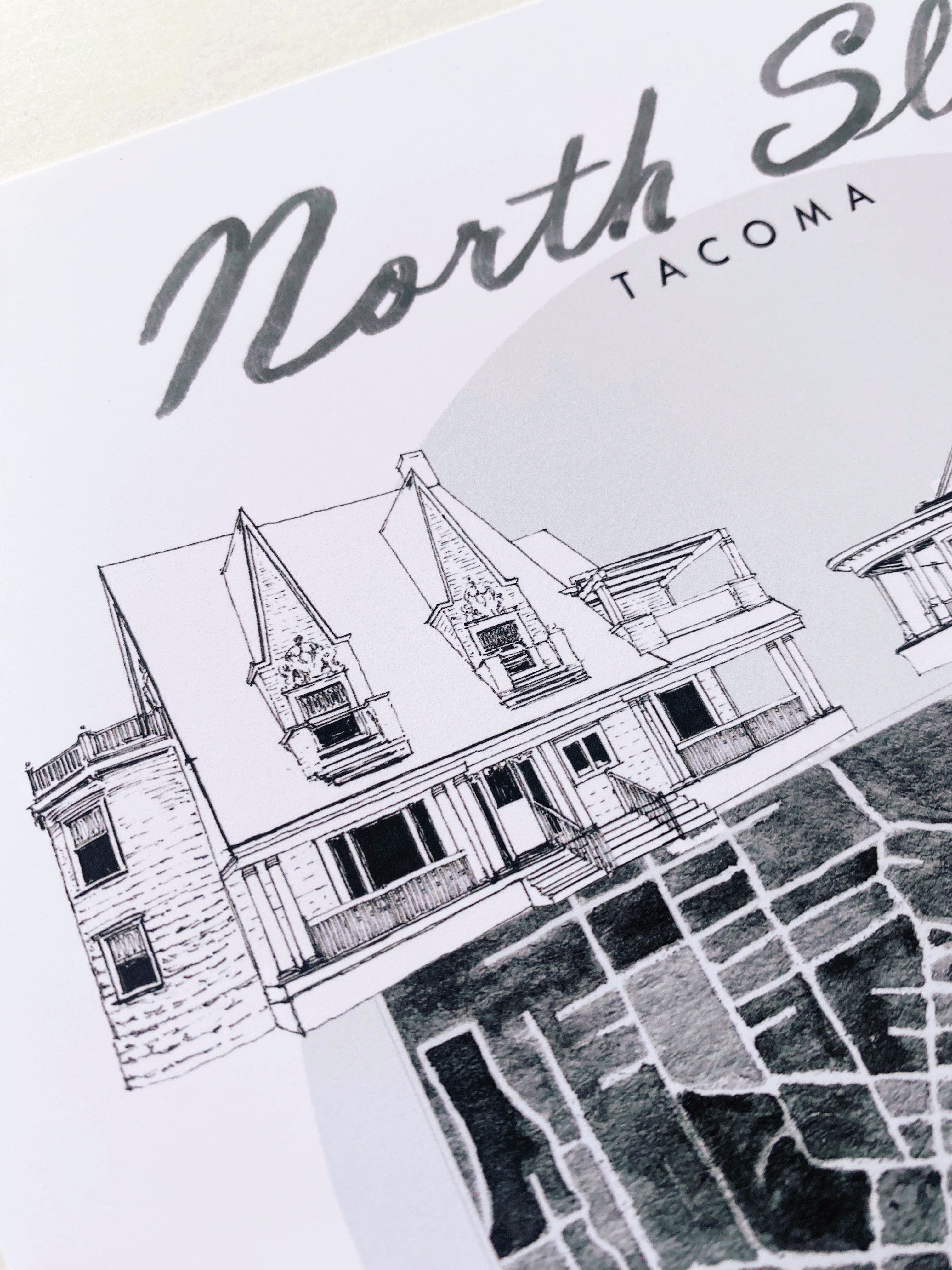 B/W NORTH SLOPE TACOMA Neighborhood "Charms" Watercolor Map: PRINT