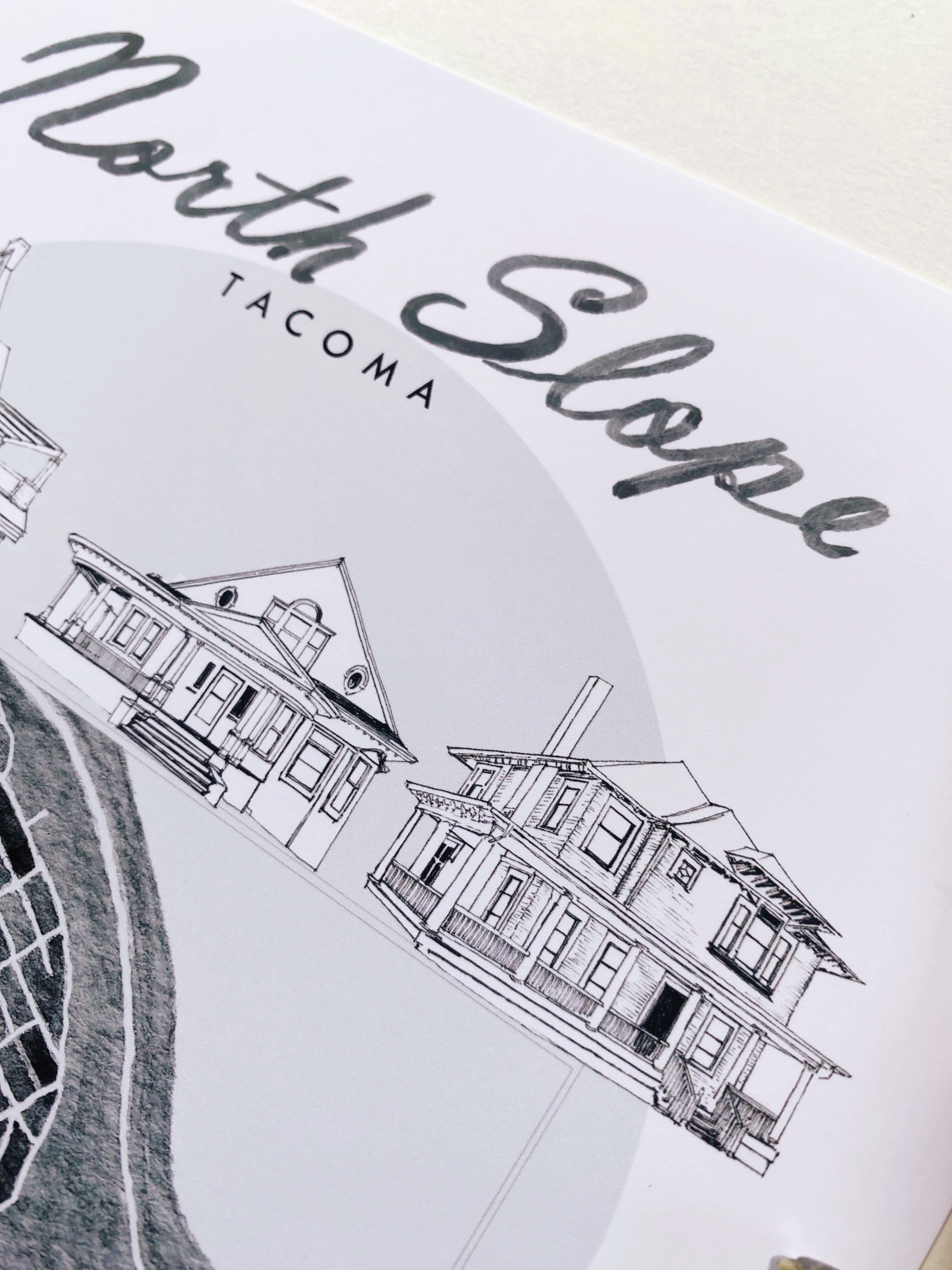 B/W NORTH SLOPE TACOMA Neighborhood "Charms" Watercolor Map: PRINT