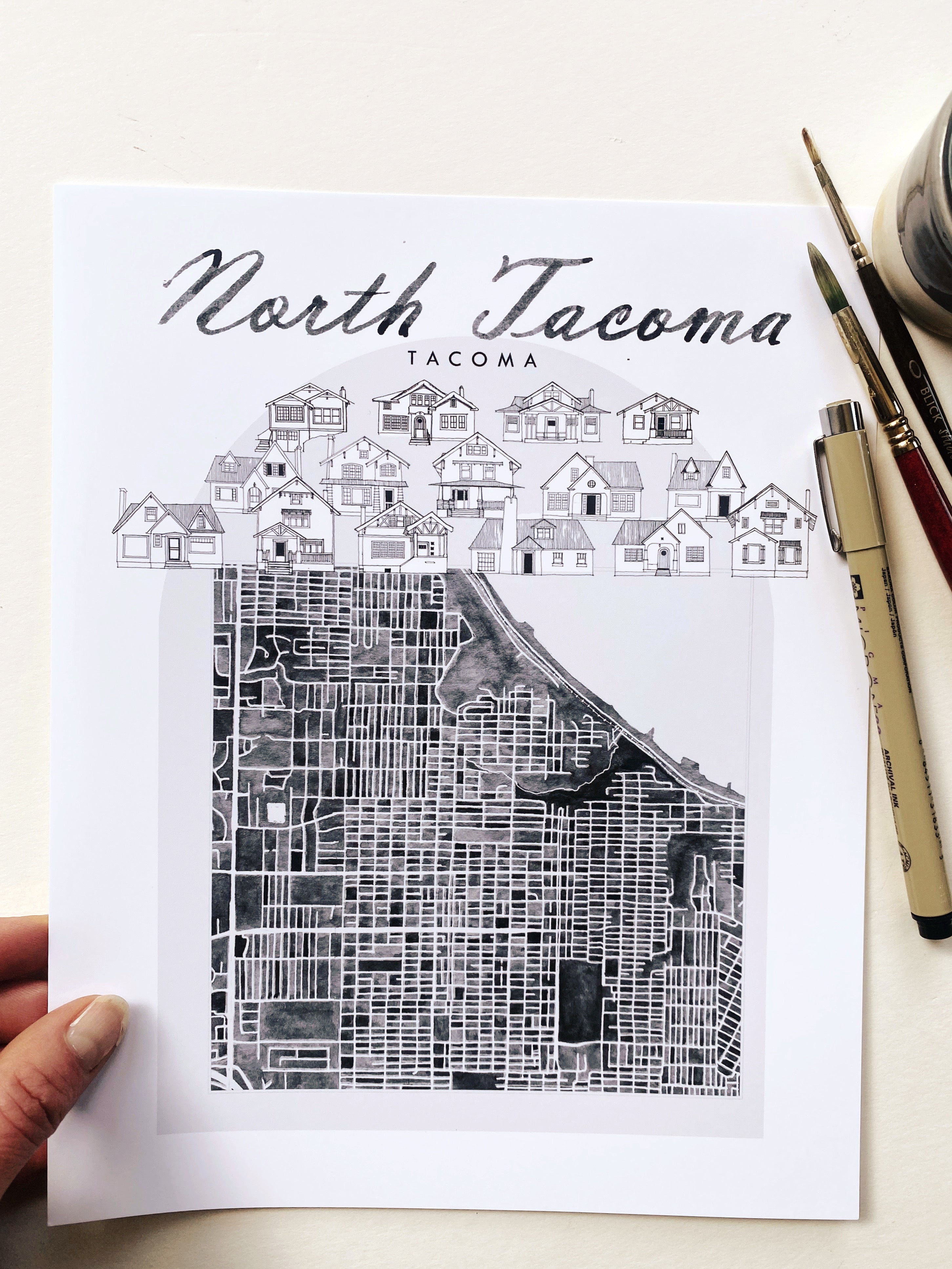B/W NORTH TACOMA Neighborhood "Charms" Watercolor Map: PRINT