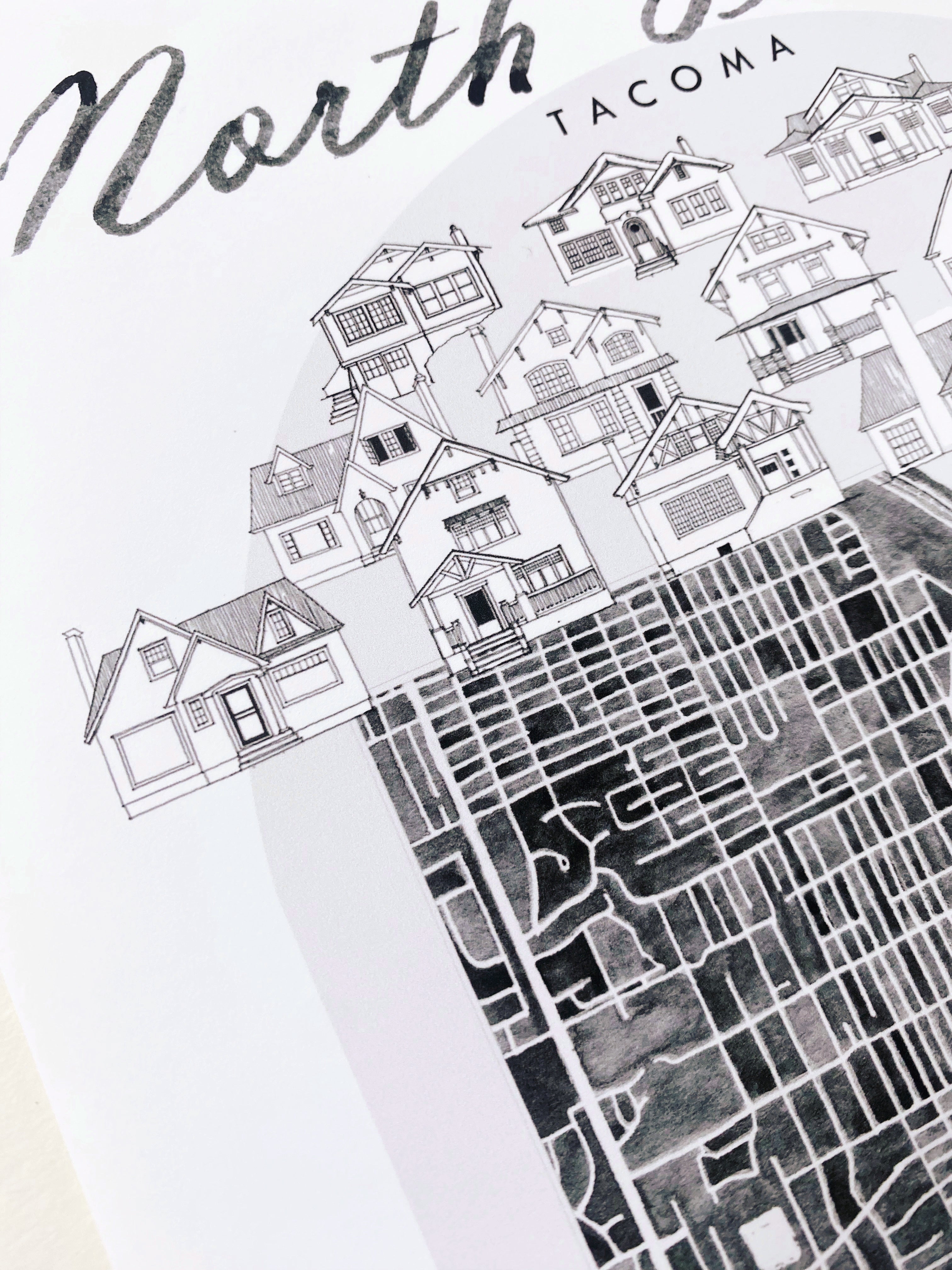 B/W NORTH TACOMA Neighborhood "Charms" Watercolor Map: PRINT