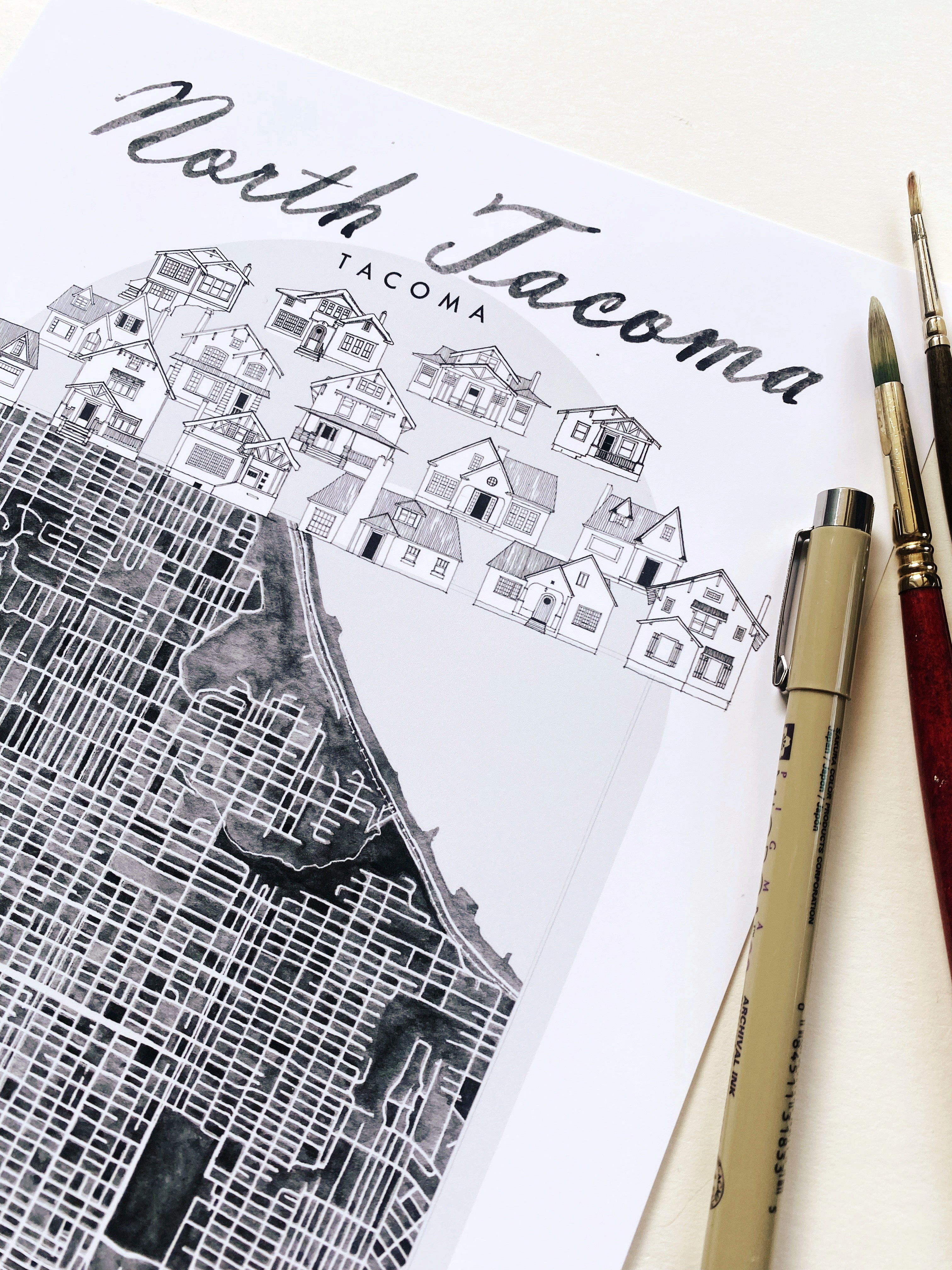 B/W NORTH TACOMA Neighborhood "Charms" Watercolor Map: PRINT