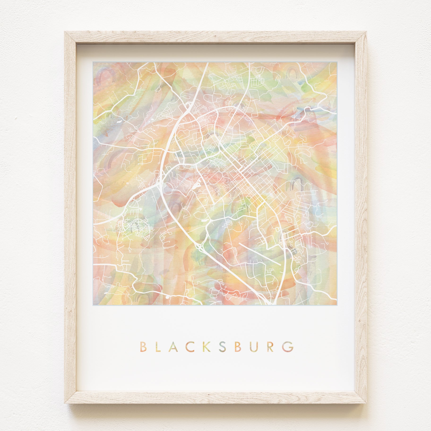 BLACKSBURG Pride Rainbow Watercolor Map: PRINT