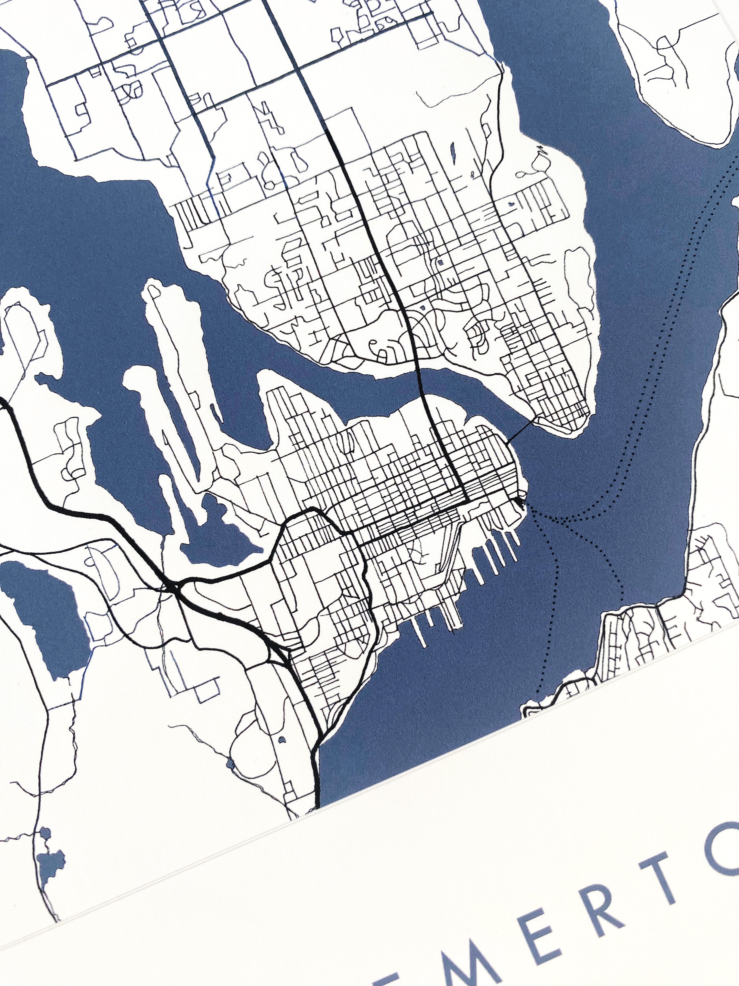 BREMERTON Washington Hand Drawn "Blueprint" Map: PRINT