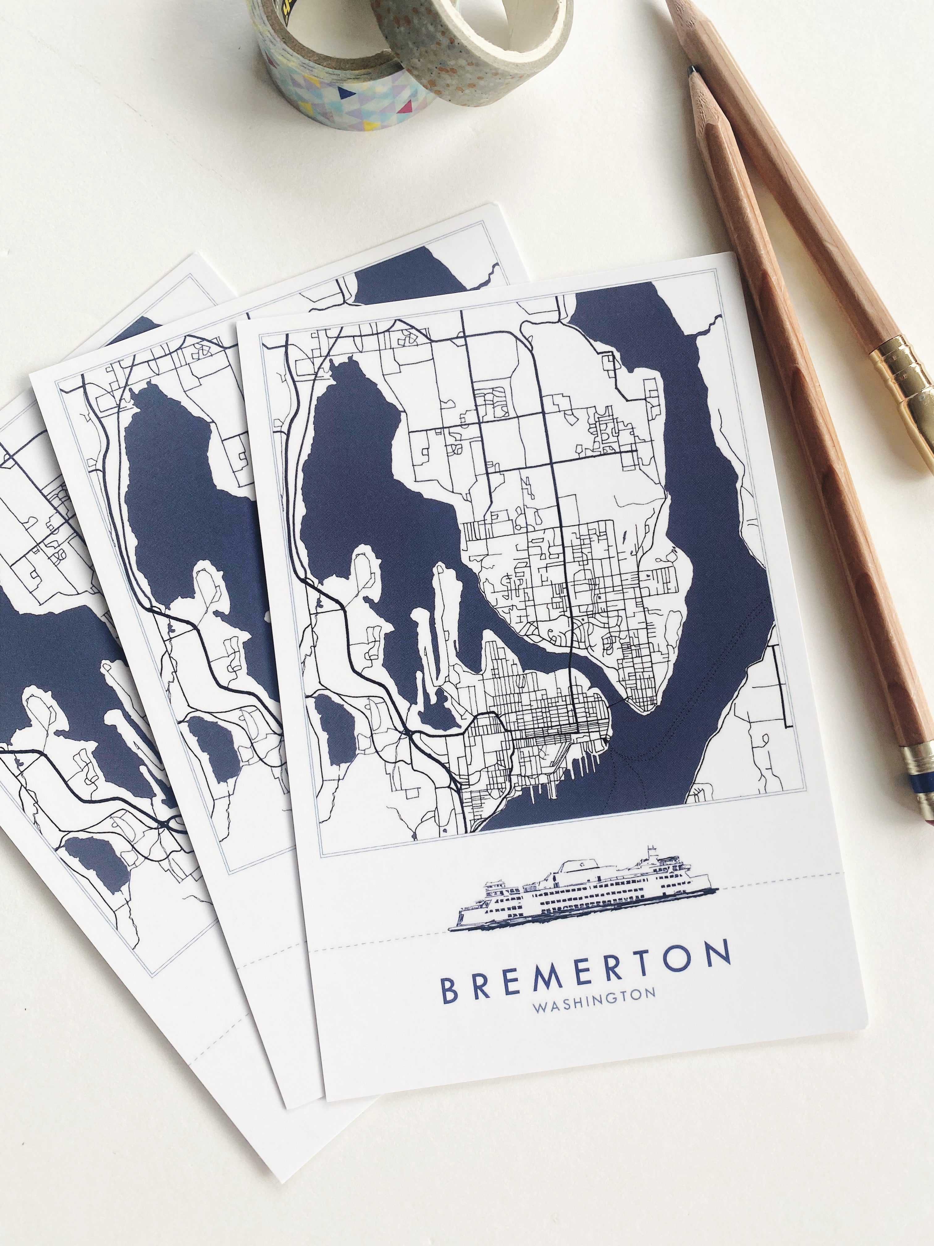 BREMERTON Washington "Blueprint" Map Postcard