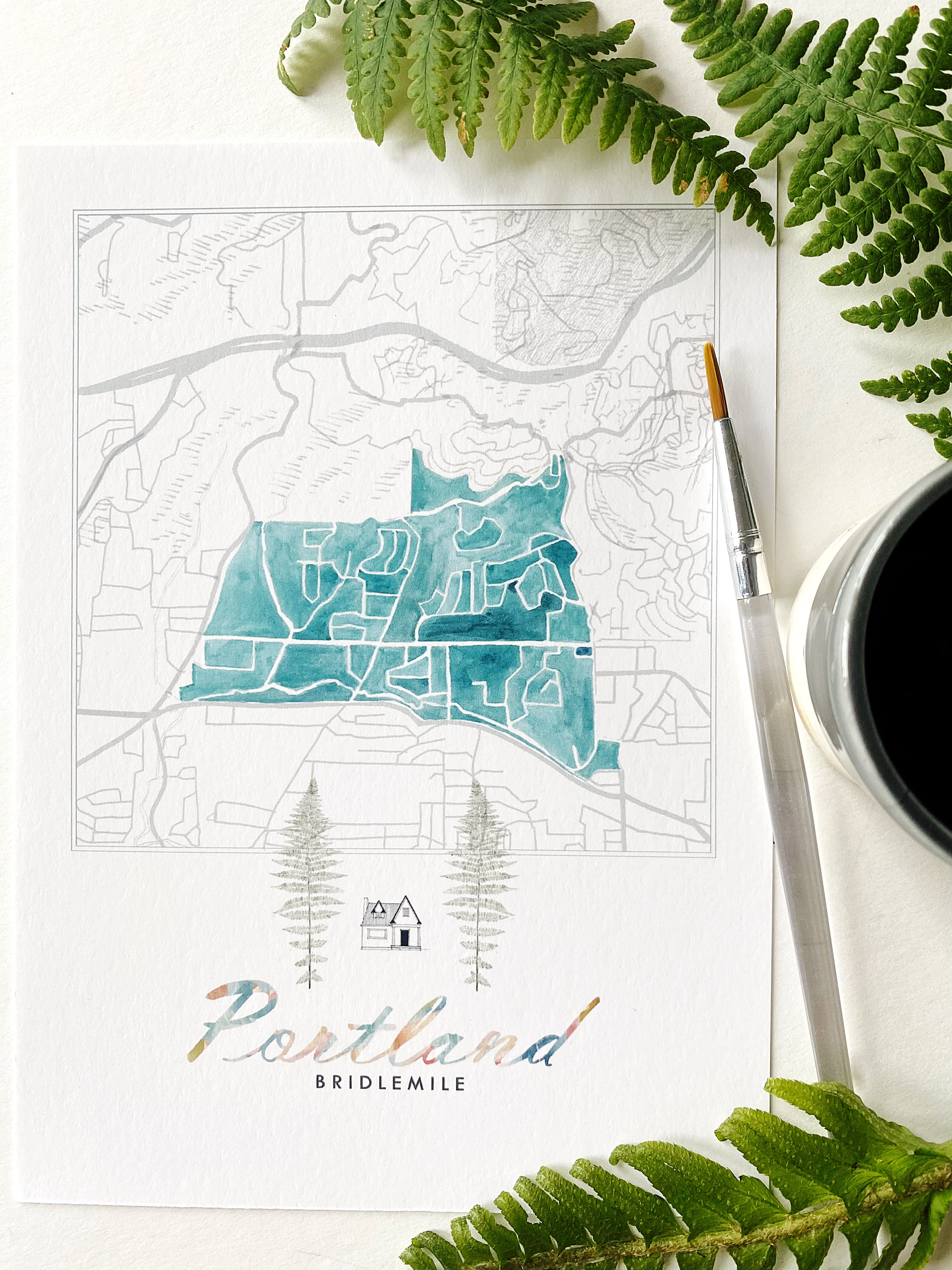 Bridlemile PORTLAND Neighborhood Watercolor Map: PRINT