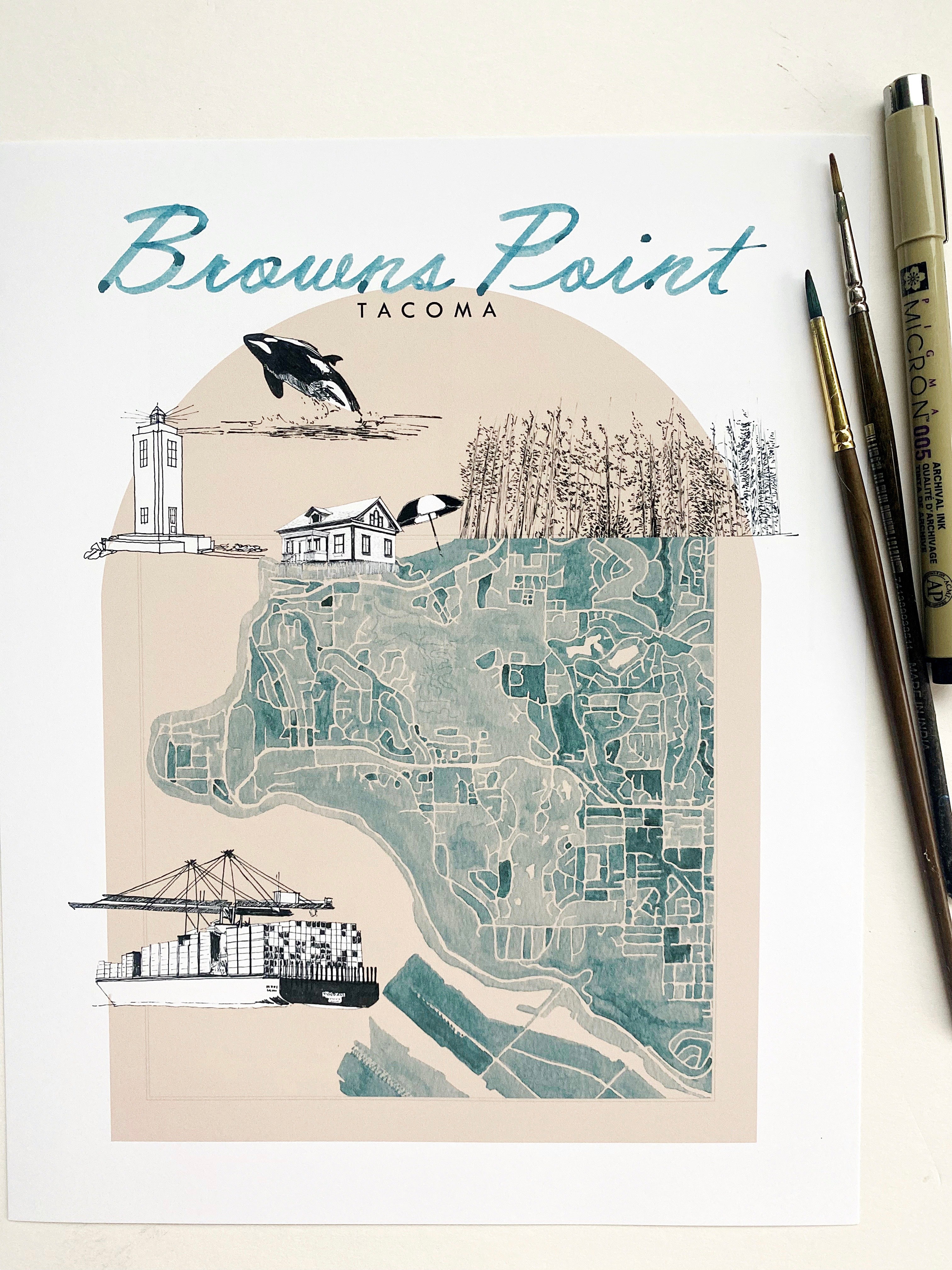 new BROWNS POINT TACOMA Neighborhood "Charms" Watercolor Map: PRINT