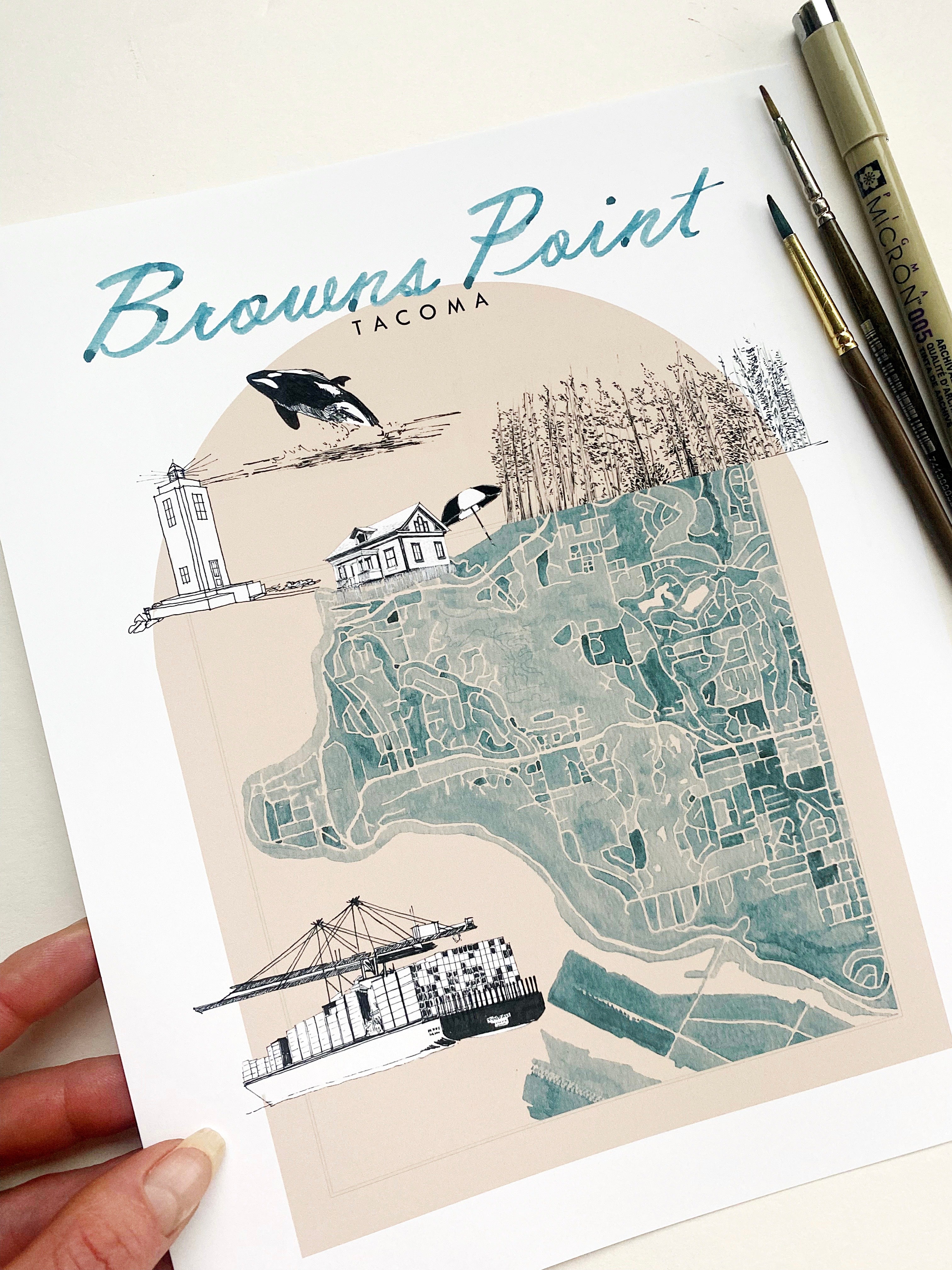 new BROWNS POINT TACOMA Neighborhood "Charms" Watercolor Map: PRINT