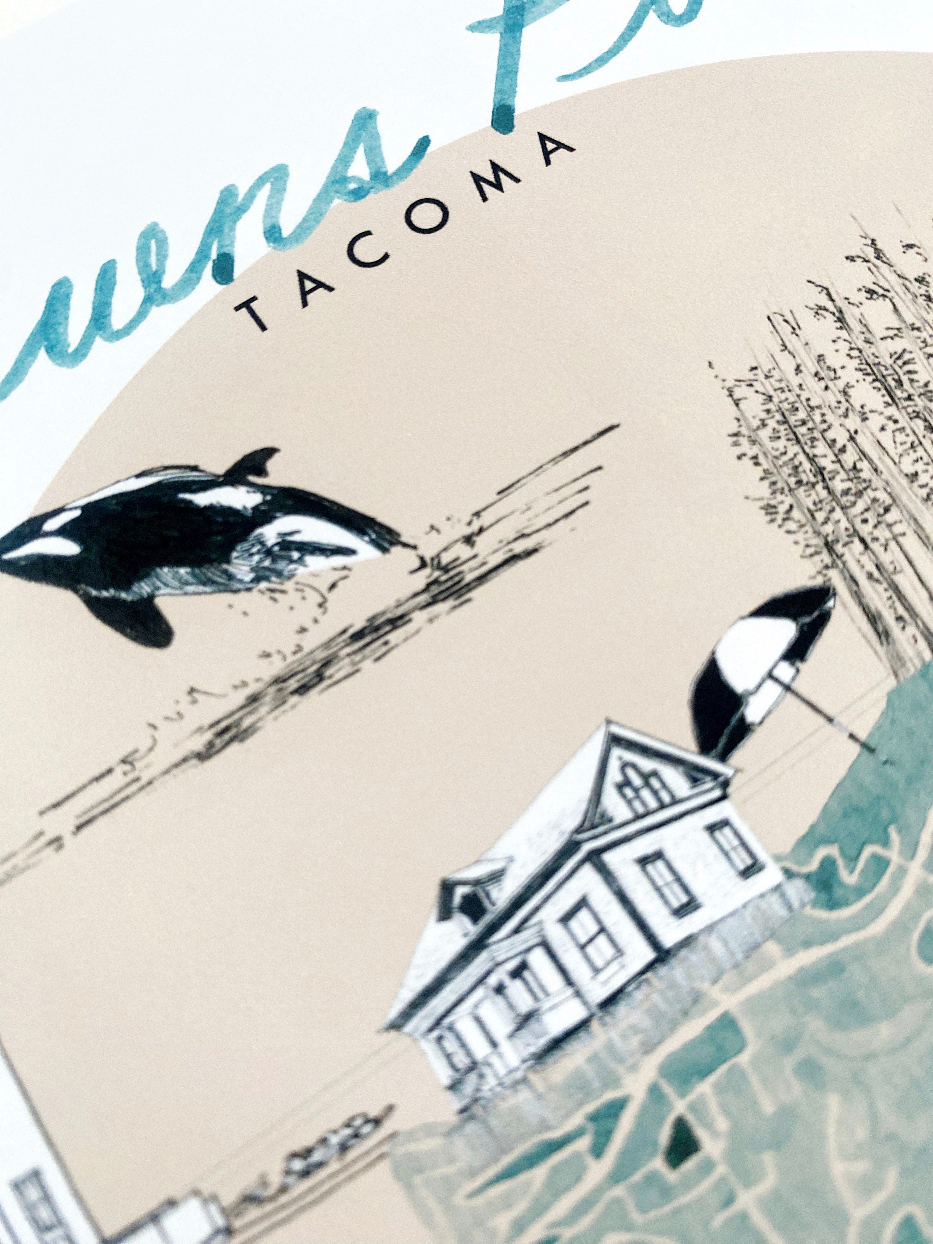 new BROWNS POINT TACOMA Neighborhood "Charms" Watercolor Map: PRINT