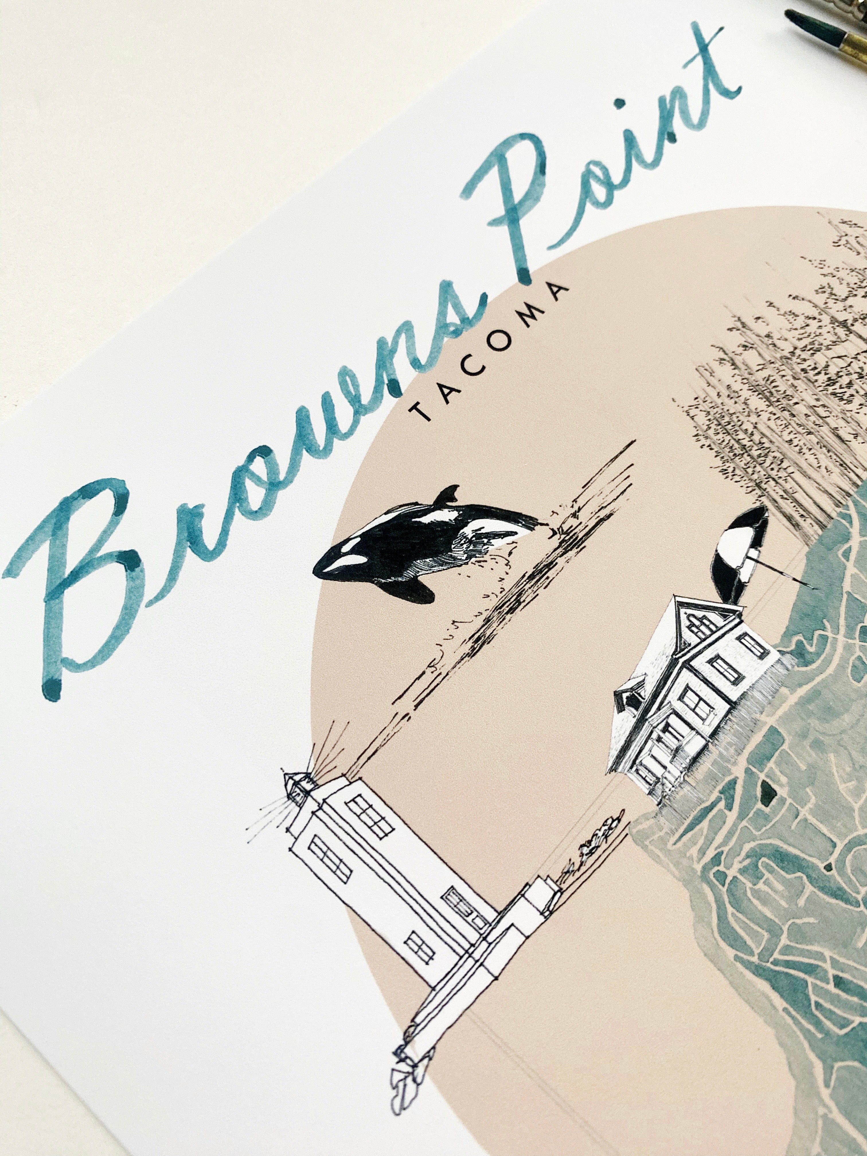 new BROWNS POINT TACOMA Neighborhood "Charms" Watercolor Map: PRINT