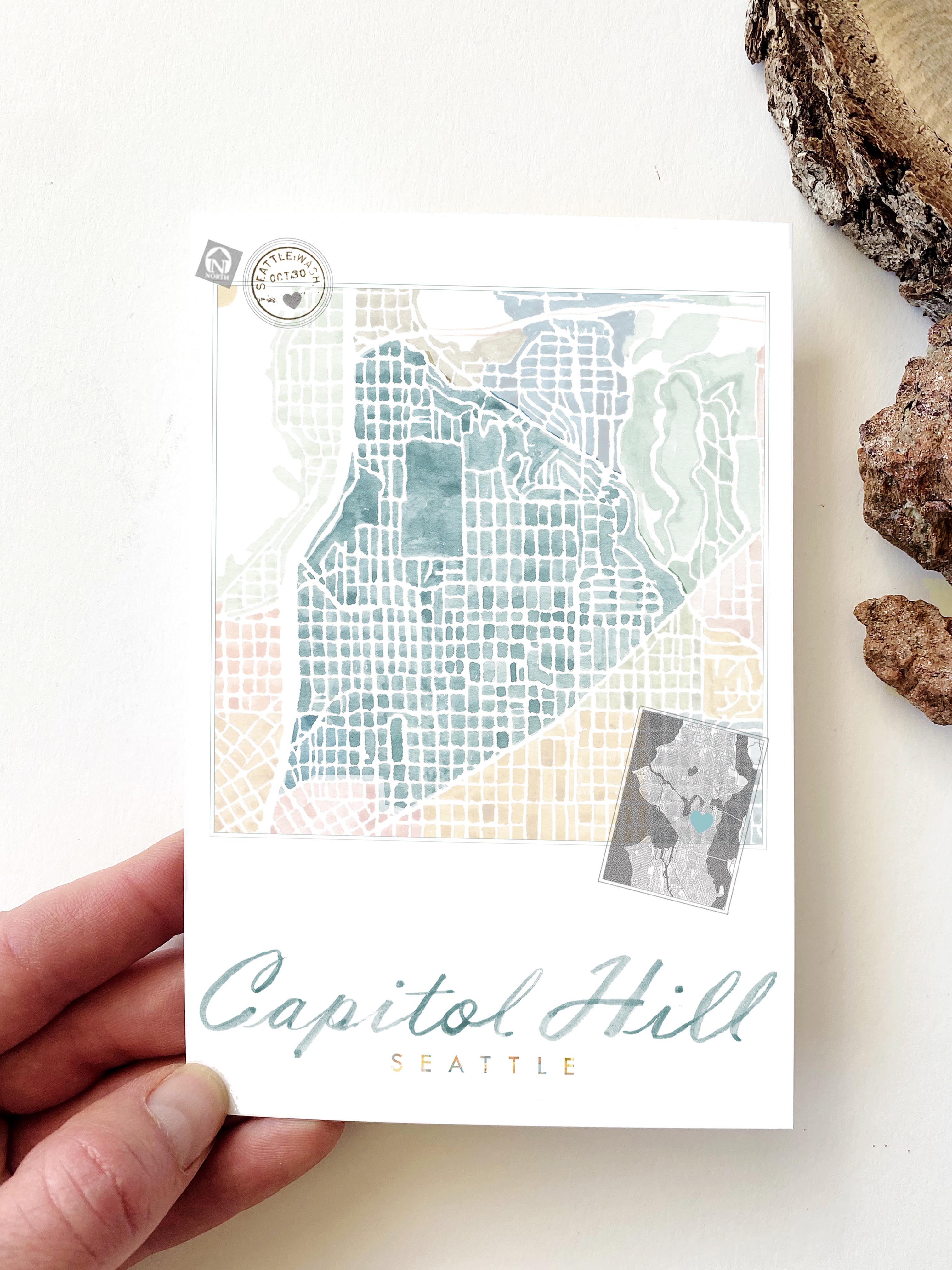 CAPITOL HILL Seattle Neighborhood Map Postcard